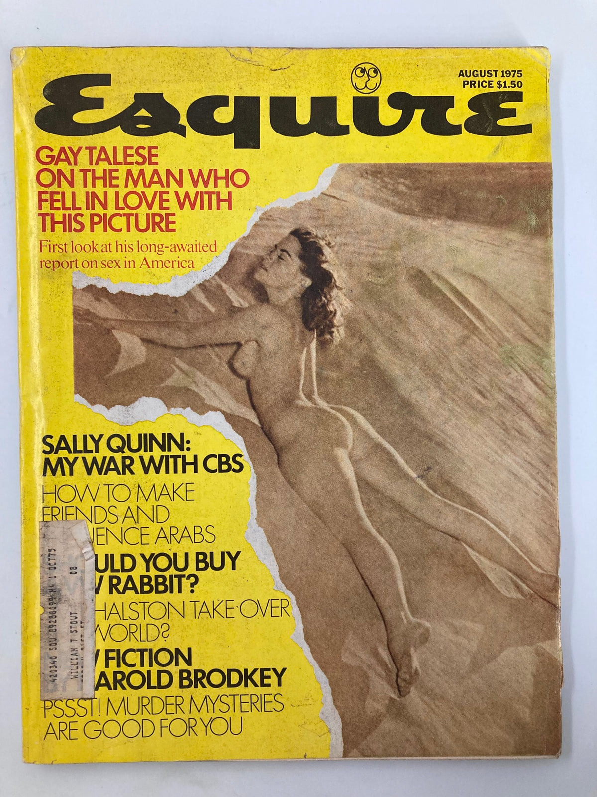 Cover of the August 1975 VTG Esquire Magazine featuring the title 'Gay Talese on the Man Who Fell in Love with This Picture' and 'Sally Quinn: My War with CBS.' The magazine highlights key articles from renowned writers and showcases vintage graphic design from the era.