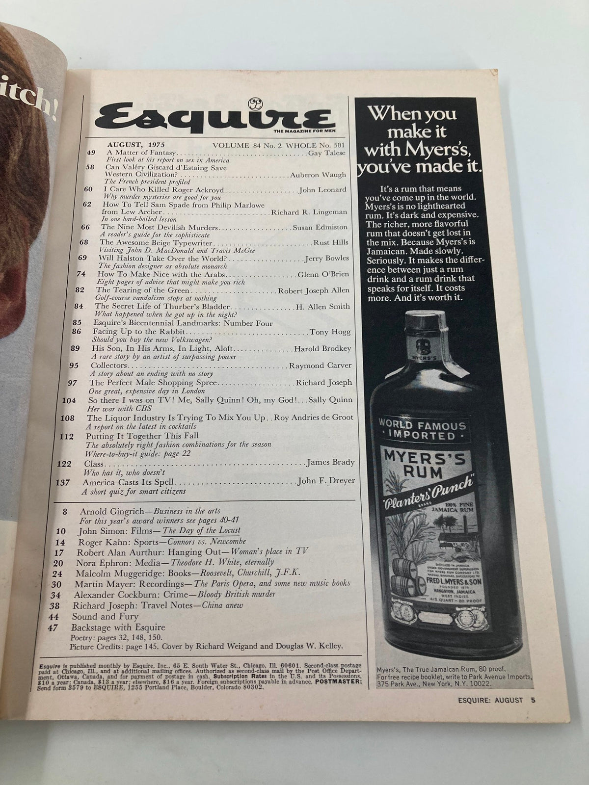 Interior page of the August 1975 VTG Esquire Magazine, displaying the table of contents with various article titles including those by Sally Quinn and Gay Talese. This page captures the content structure of the magazine and its rich history in journalism.