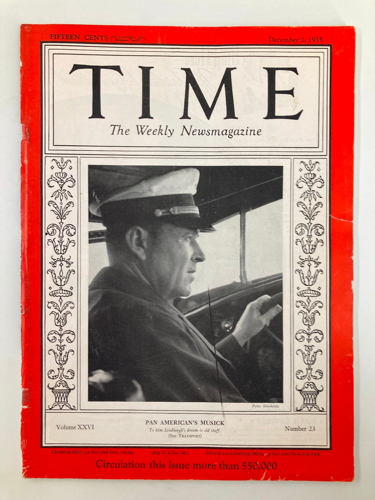 Cover of VTG Time Magazine December 2, 1935, Vol 26 #23 featuring Pan American's Edwin Charles Musick, showcasing the magazine's bold red border and iconic design.