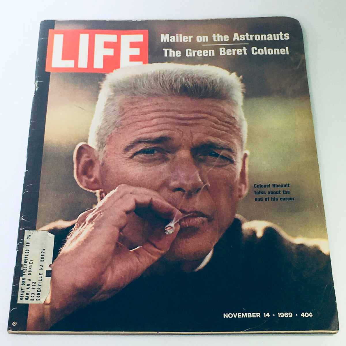 Vintage Life Magazine cover from November 14, 1969, featuring Colonel Robert Rheault, the Green Beret Colonel, smoking a cigarette, reflecting on his military career.