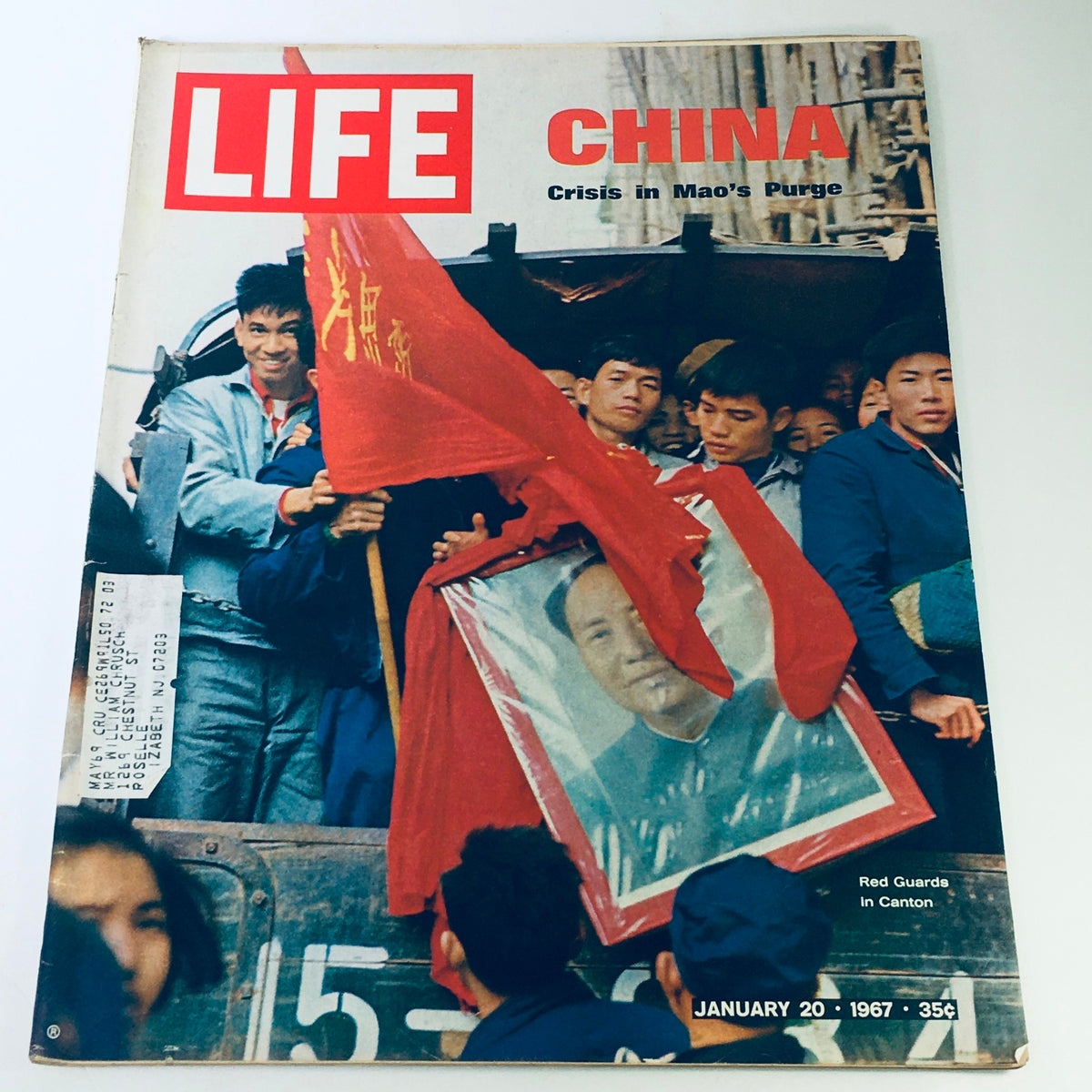 Cover of Life Magazine January 20, 1967, featuring the title 'China: Crisis in Mao's Purge,' depicting Red Guards in Canton holding a portrait of Mao Zedong.