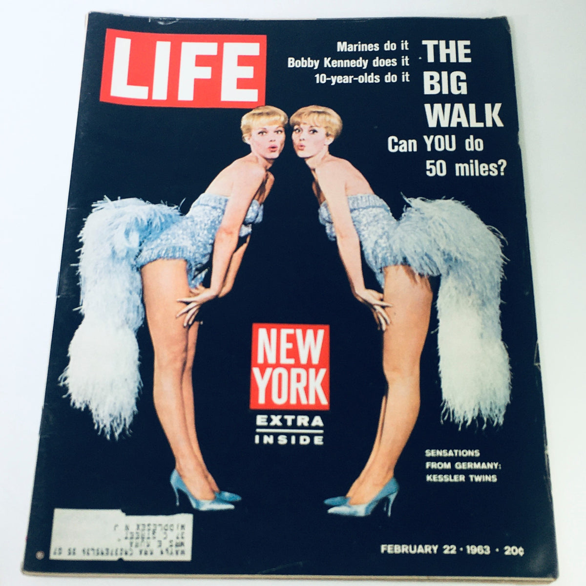 Cover of the VTG Life Magazine from February 22, 1963, featuring the cover story "The Big Walk that Bobby Kennedy Do" with images of the Kessler twins wearing glamorous outfits.