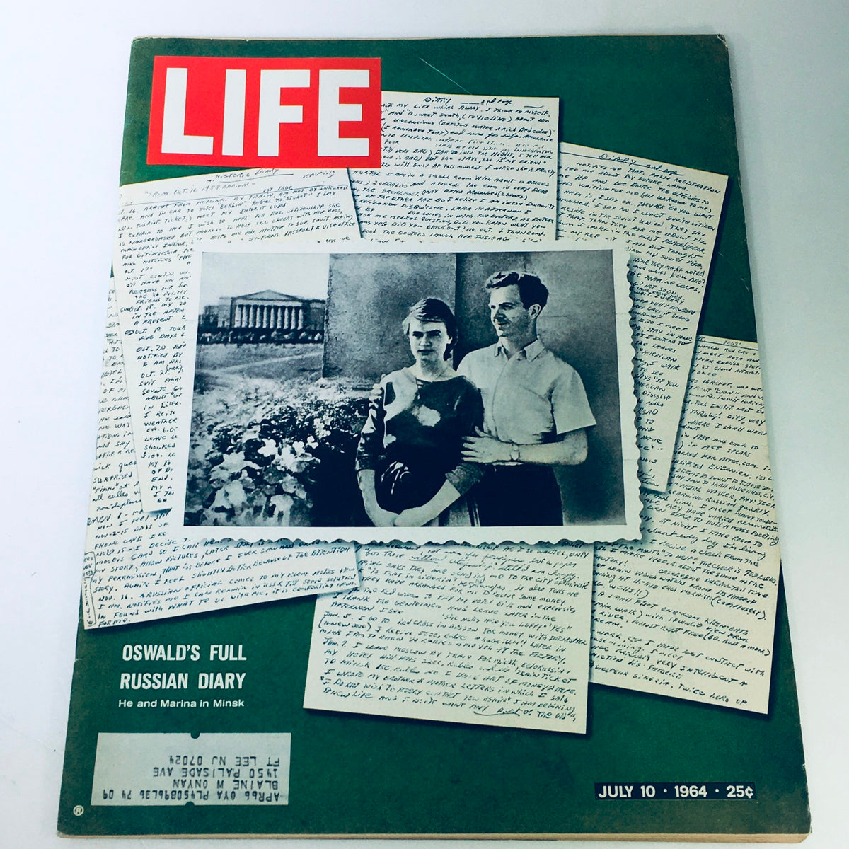 Cover of VTG Life Magazine July 10 1964 featuring 'Oswald's Full Russian Diary, He & Marina in Minsk' with historical notes and a photograph of Lee Harvey Oswald and Marina Oswald.