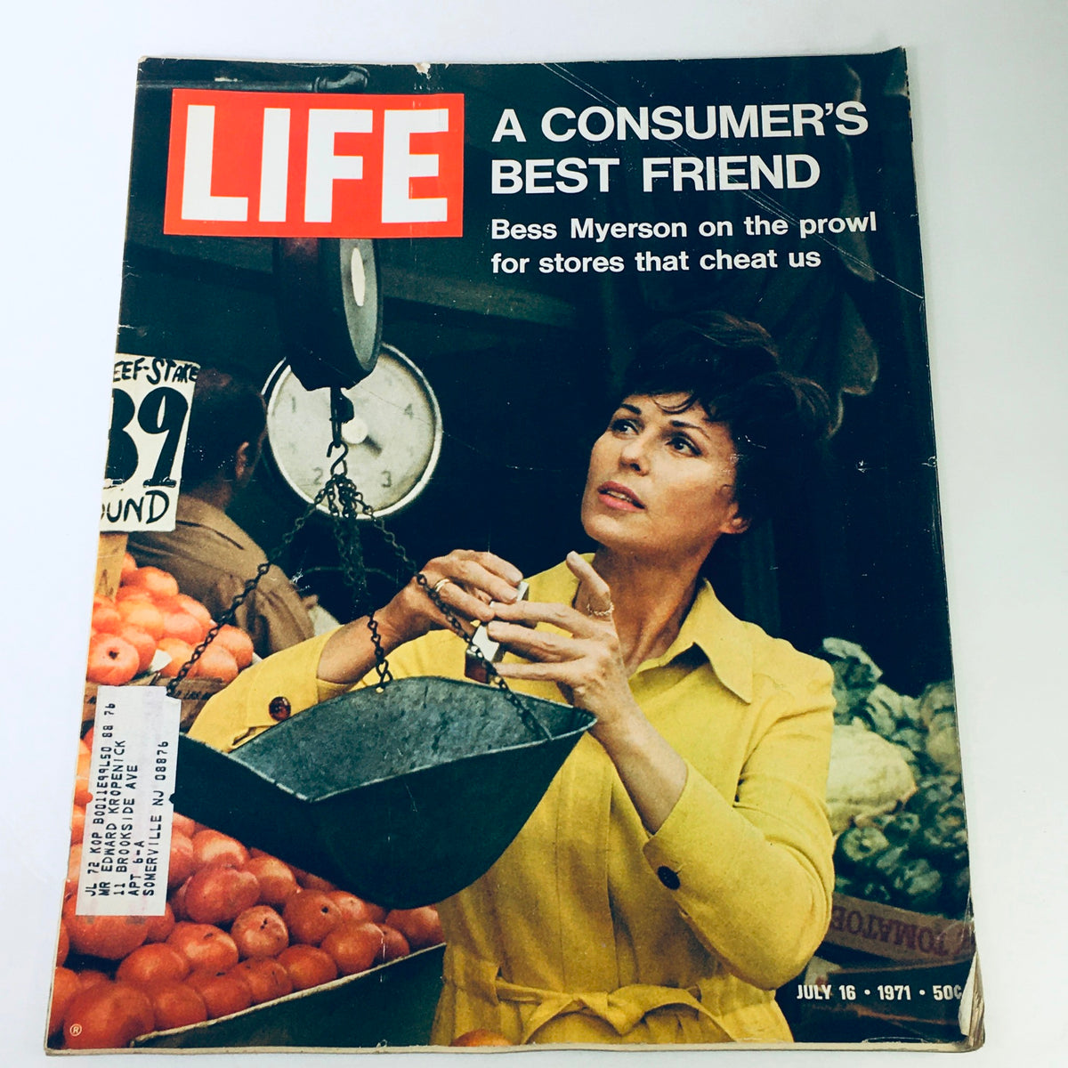 VTG Life Magazine July 16 1971 featuring Bess Myerson on the cover, showcasing her on the prowl for stores that cheat consumers, set against a market backdrop.