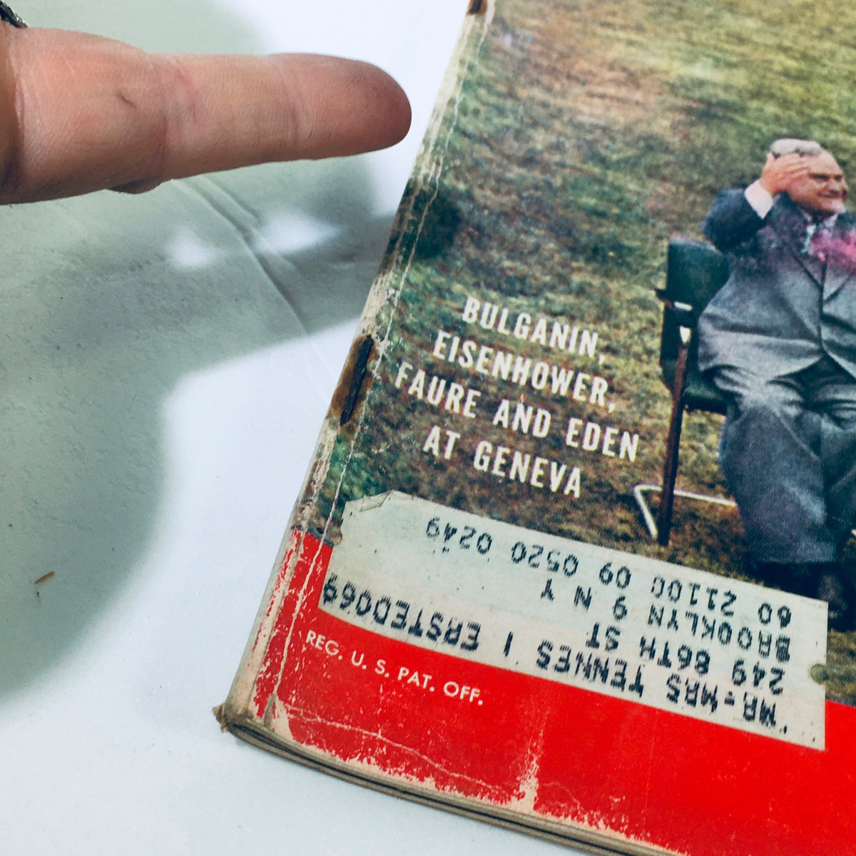 Close-up of the Vintage Life Magazine August 1 1955 spine showing title with prominent names Bulganin, Eisenhower, Faure, and Eden, highlighting its historical significance.