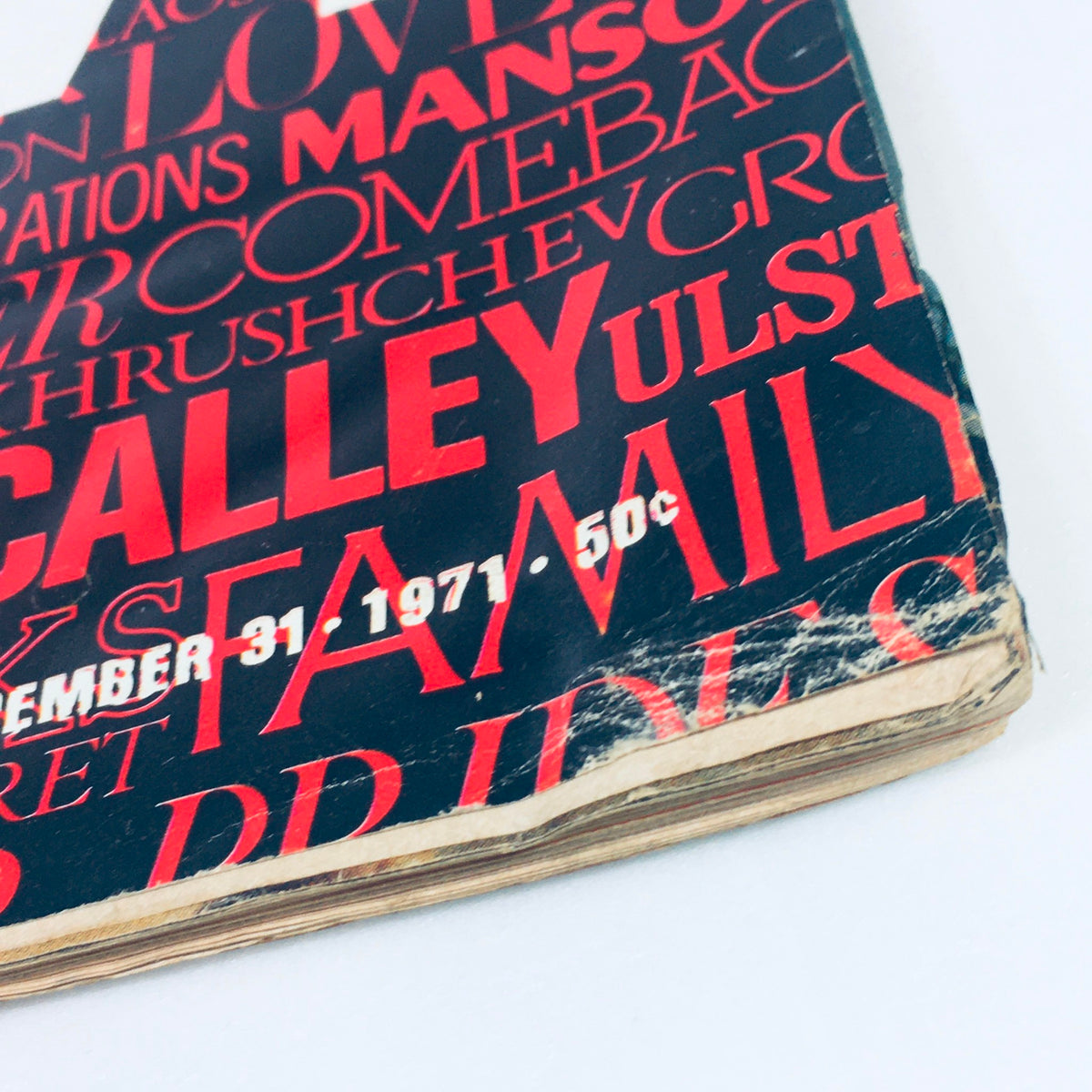 Close-up of the cover page of VTG Life Magazine December 31 1971 - Year in Pictures 1971 featuring worn edges and bold red typography.