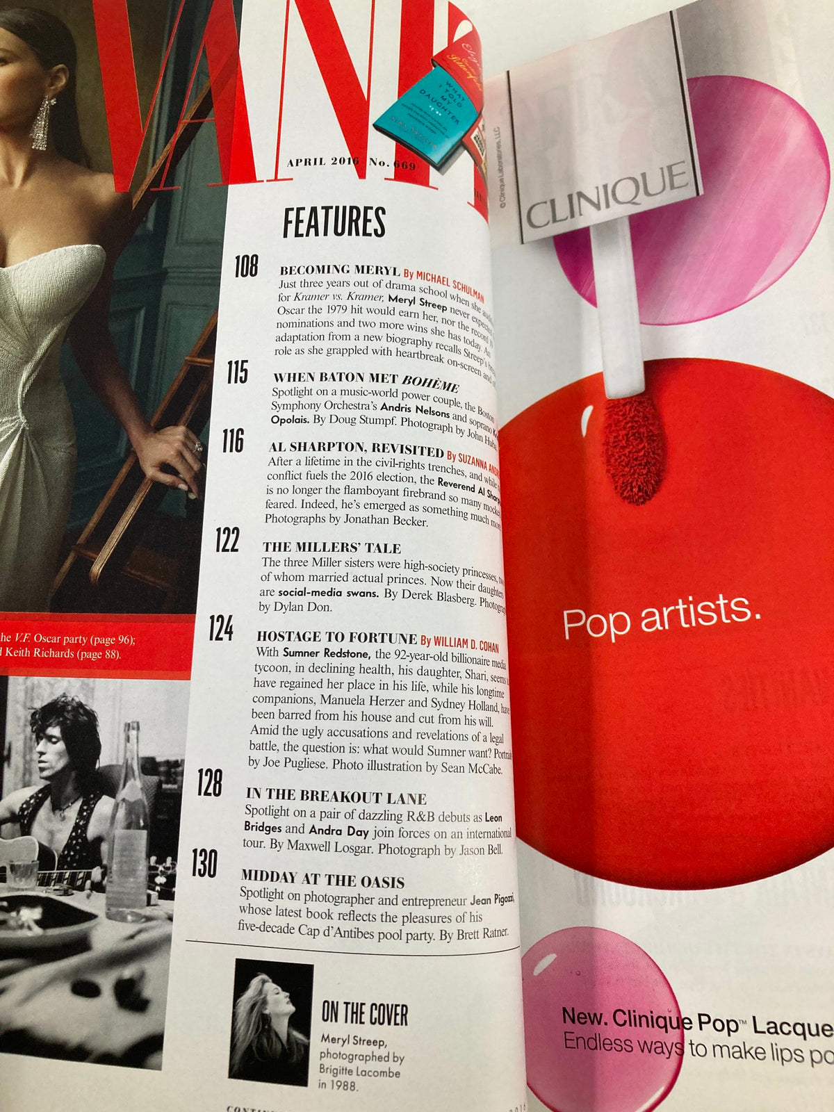 Interior page of Vanity Fair Magazine April 2016 showcasing features including 'Becoming Meryl Streep', with vibrant visuals and advertisements.