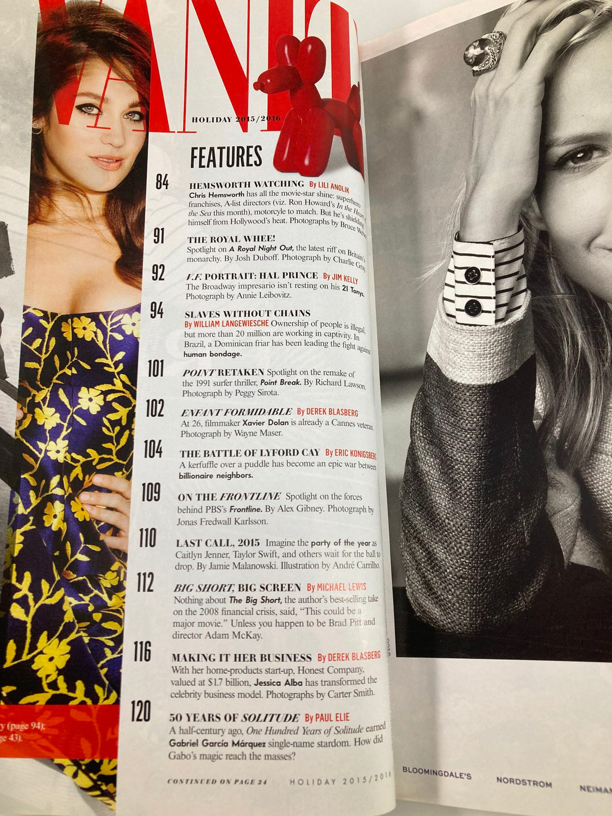 Interior page of Vanity Fair Magazine Holiday 2015 showing the content list, including features related to Chris Hemsworth and other notable articles. This page features a stylish design consistent with the magazine's aesthetic.