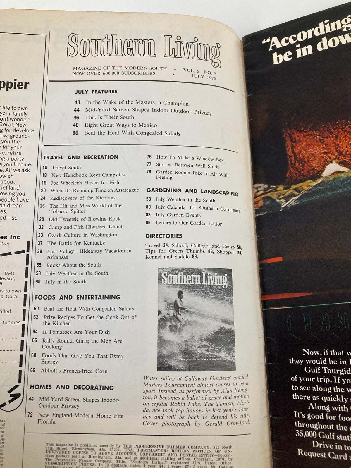 Interior page of Southern Living Magazine July 1970 titled 'Champions in the Wake of the Masters' featuring magazine highlights and articles related to Southern lifestyle and activities.