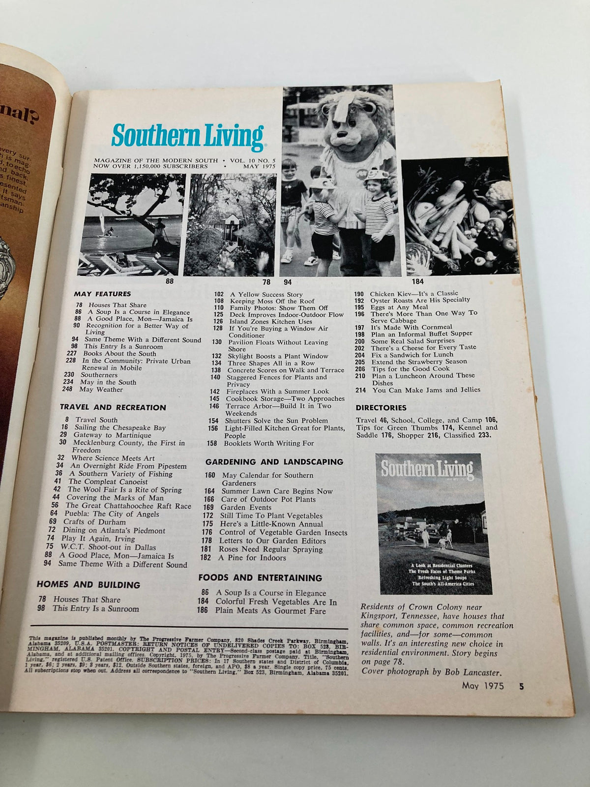 Interior page of the May 1975 Southern Living Magazine, listing contents and articles including features on theme parks and southern culture.