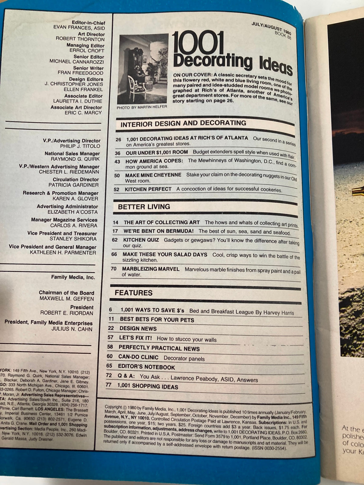 Inside page of VTG 1001 Decorating Ideas Magazine, August 1980, featuring article listings and design tips related to interior decorating.
