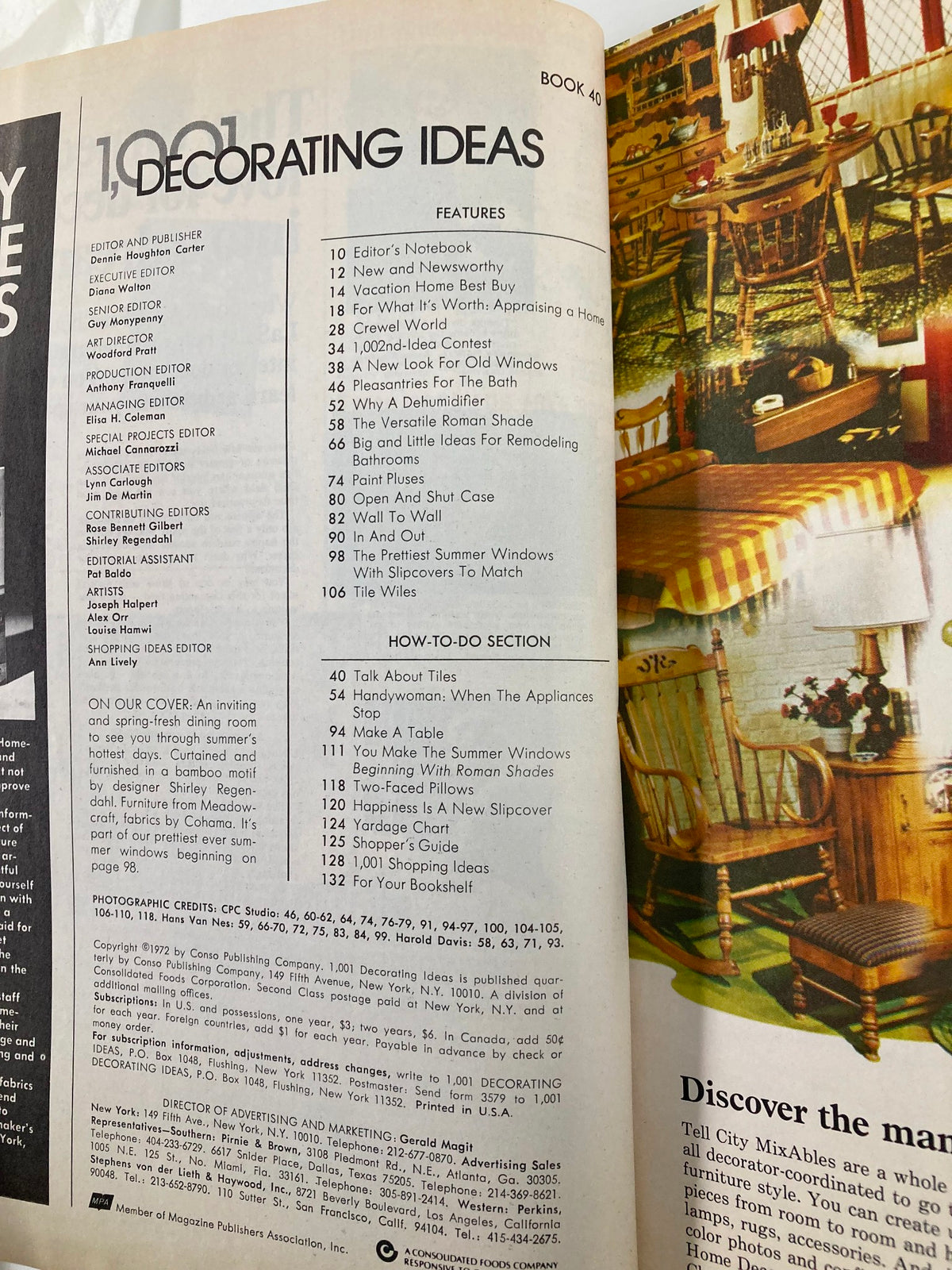 Inside page of the VTG 1001 Decorating Ideas Magazine 1972 listing features such as 'A New Look for Old Windows' and DIY tips, showcasing the nostalgic design elements of the 1970s.