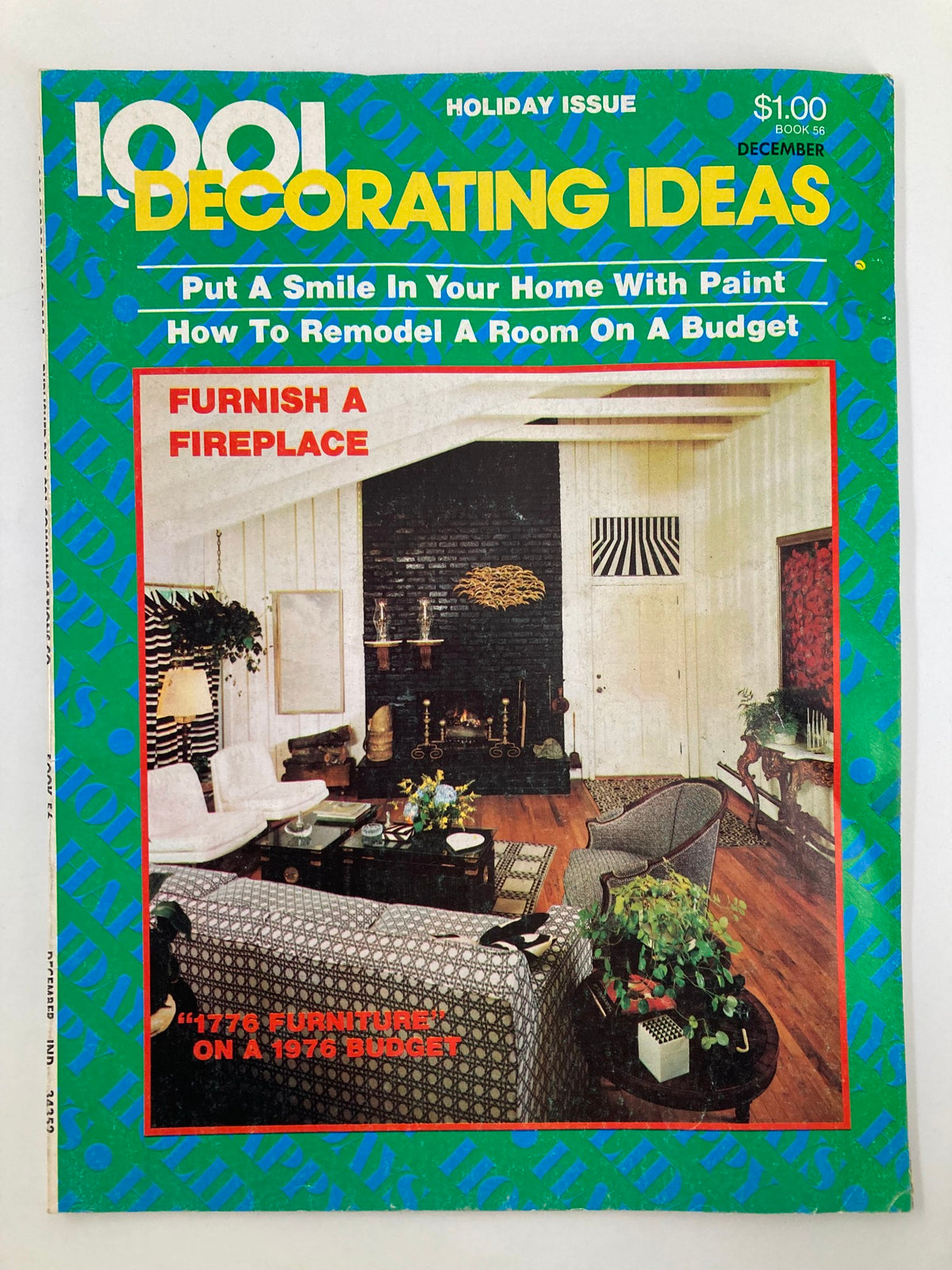 VTG 1001 Decorating Ideas Magazine cover from December 1975 featuring holiday decorating tips, including an inviting living room with a fireplace and stylish furniture.