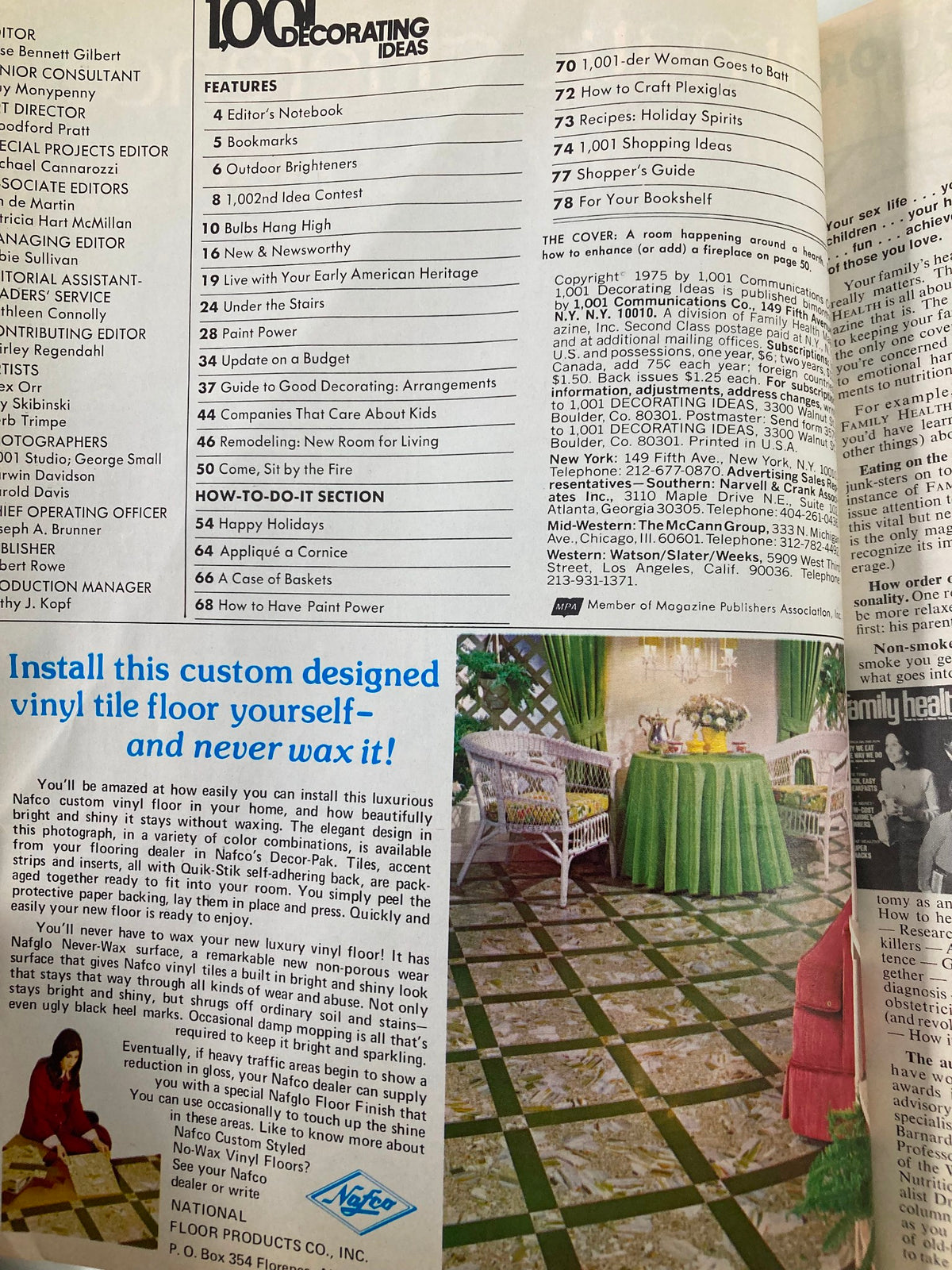 Interior features page of the VTG 1001 Decorating Ideas Magazine December 1975 showcasing various articles and tips for home improvement and decorating, including DIY flooring.