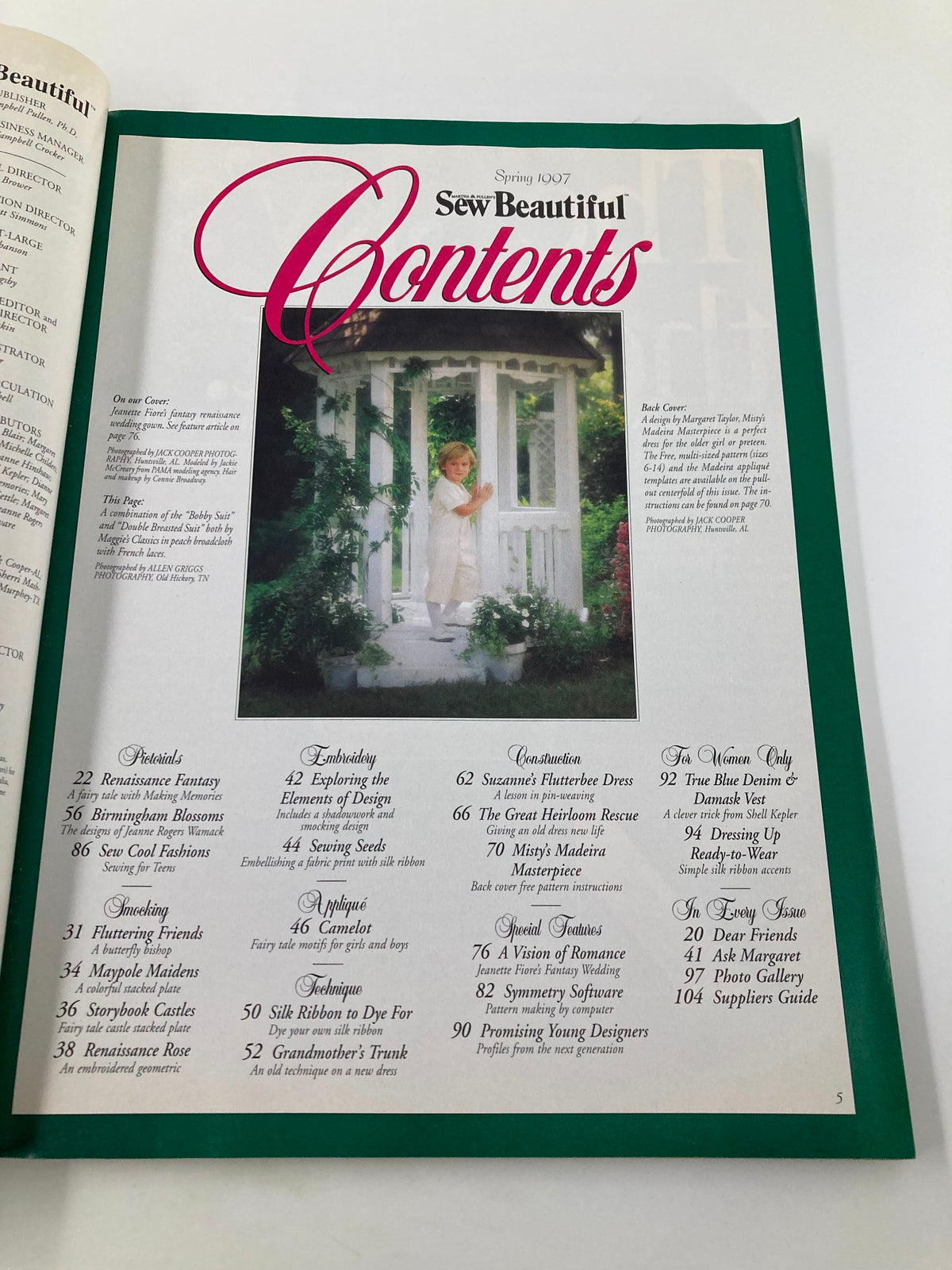 Contents page of Sew Beautiful Magazine Spring 1997, listing articles and features including 'Embroidery', 'Appliqué', and 'Silk Ribbon to Dye For', emphasizing creative sewing projects.