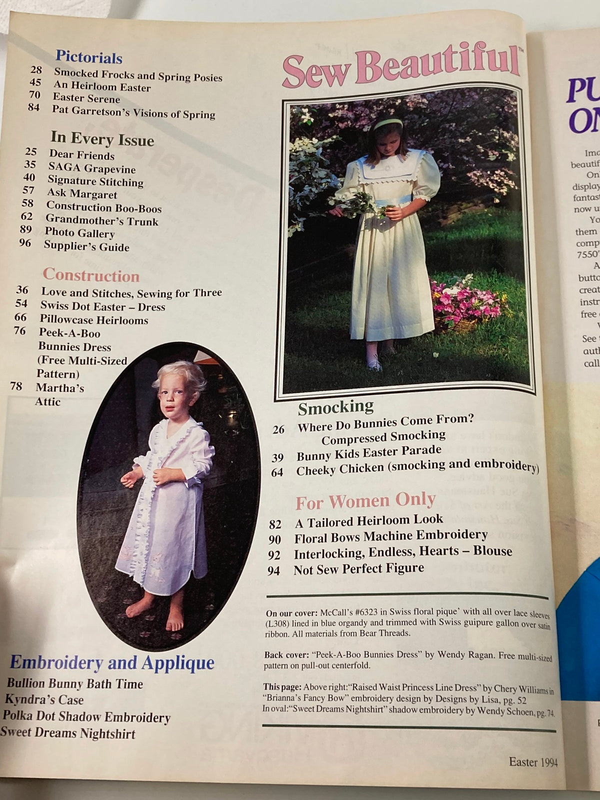 Page from Sew Beautiful Magazine Easter 1994 featuring contents such as embroidery, appliqué, and various sewing projects for women and children. The page displays a soft color palette with images of dresses and embroidery designs, encapsulating the spirit of Easter crafting from the era.