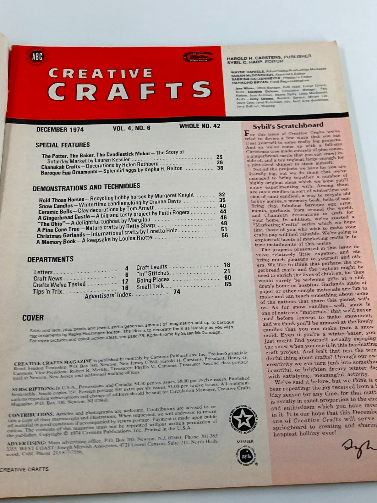 VTG Creative Crafts Magazine December 1974 cover page showcasing various crafting projects and features, including ceramic bells and pine cone trees, ideal for vintage craft enthusiasts.