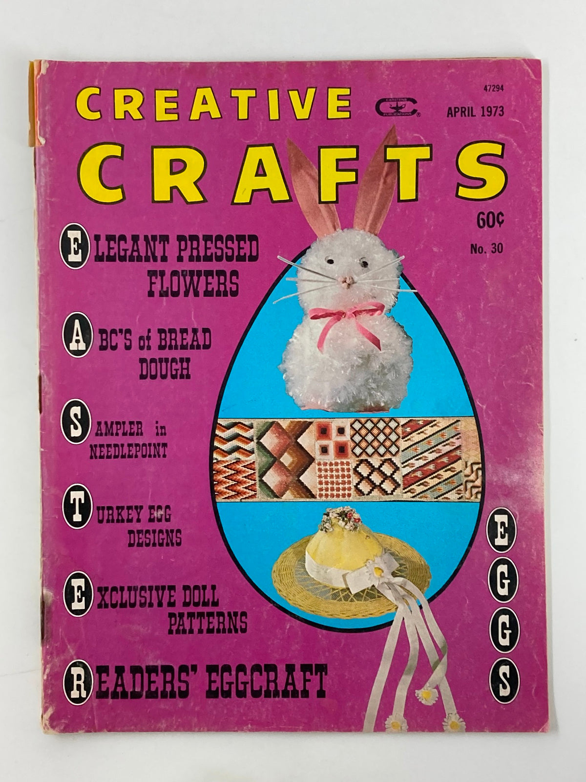 Cover of VTG Creative Crafts Magazine April 1973 featuring a decorative Easter theme with a bunny, flower, and various craft projects.