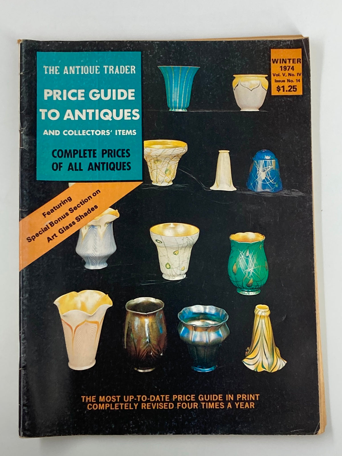 Cover of The Antique Trader Winter 1974 Price Guide to Antiques and Collector's Items featuring colorful antique glass vases and a bold title.