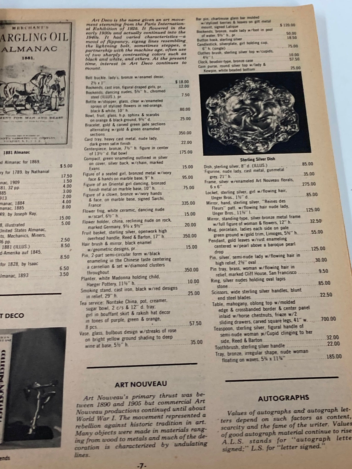 Another detailed page from The Antique Trader Winter 1974 Price Guide to Antiques and Collector's Items showcasing prices for various antique collectibles, including Art Nouveau items.