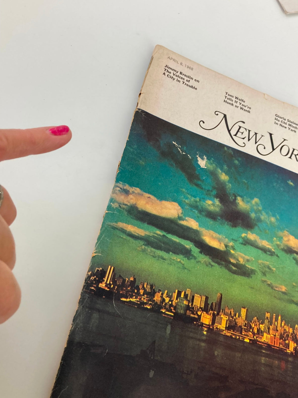 Cover of VTG New York Magazine April 8 1968, featuring a Manhattan skyline shot from New Jersey with visible wear and a finger pointing to the magazine.