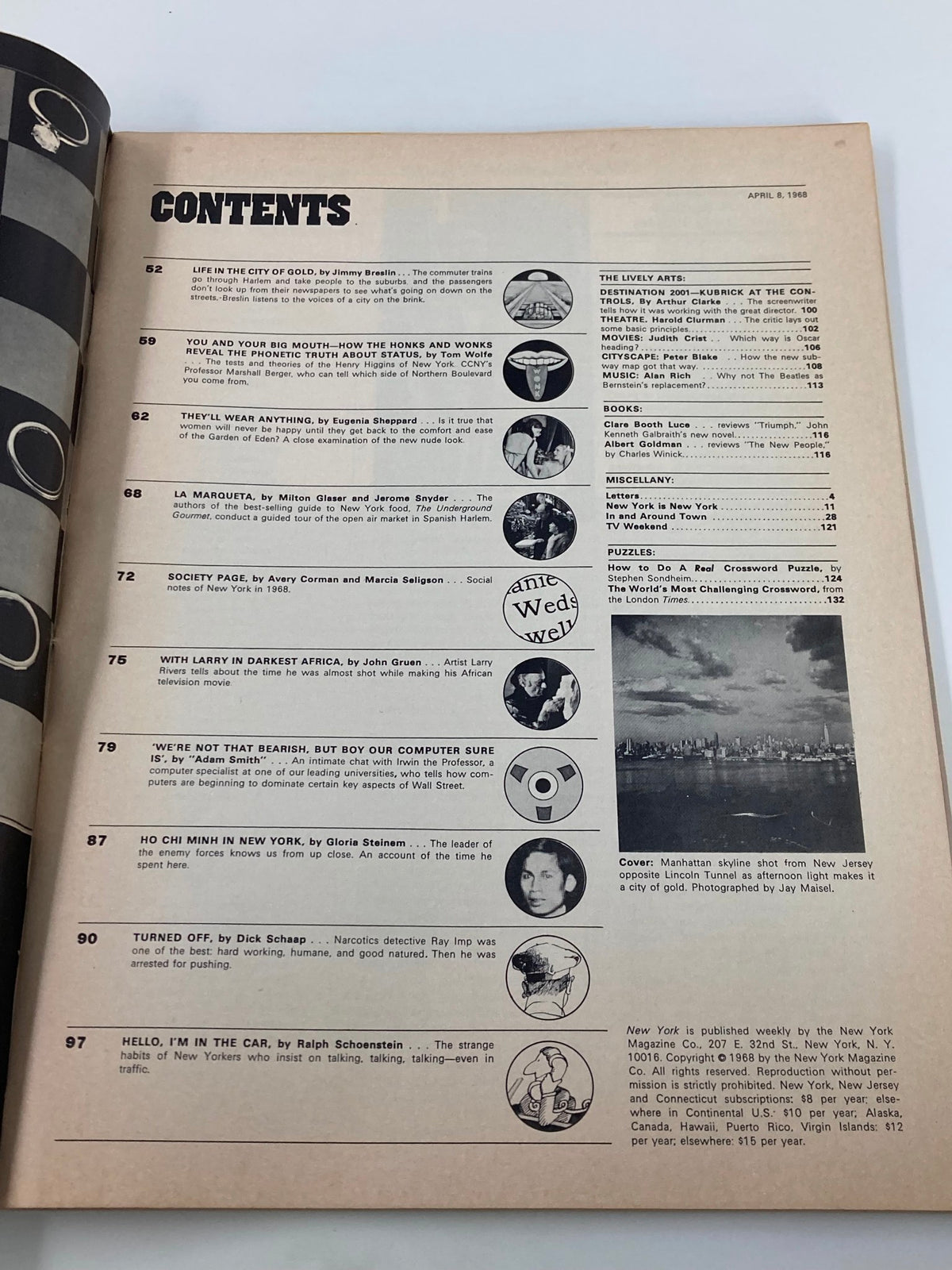 Contents page of VTG New York Magazine April 8 1968, showcasing article titles and sections, including a Manhattan skyline photo.