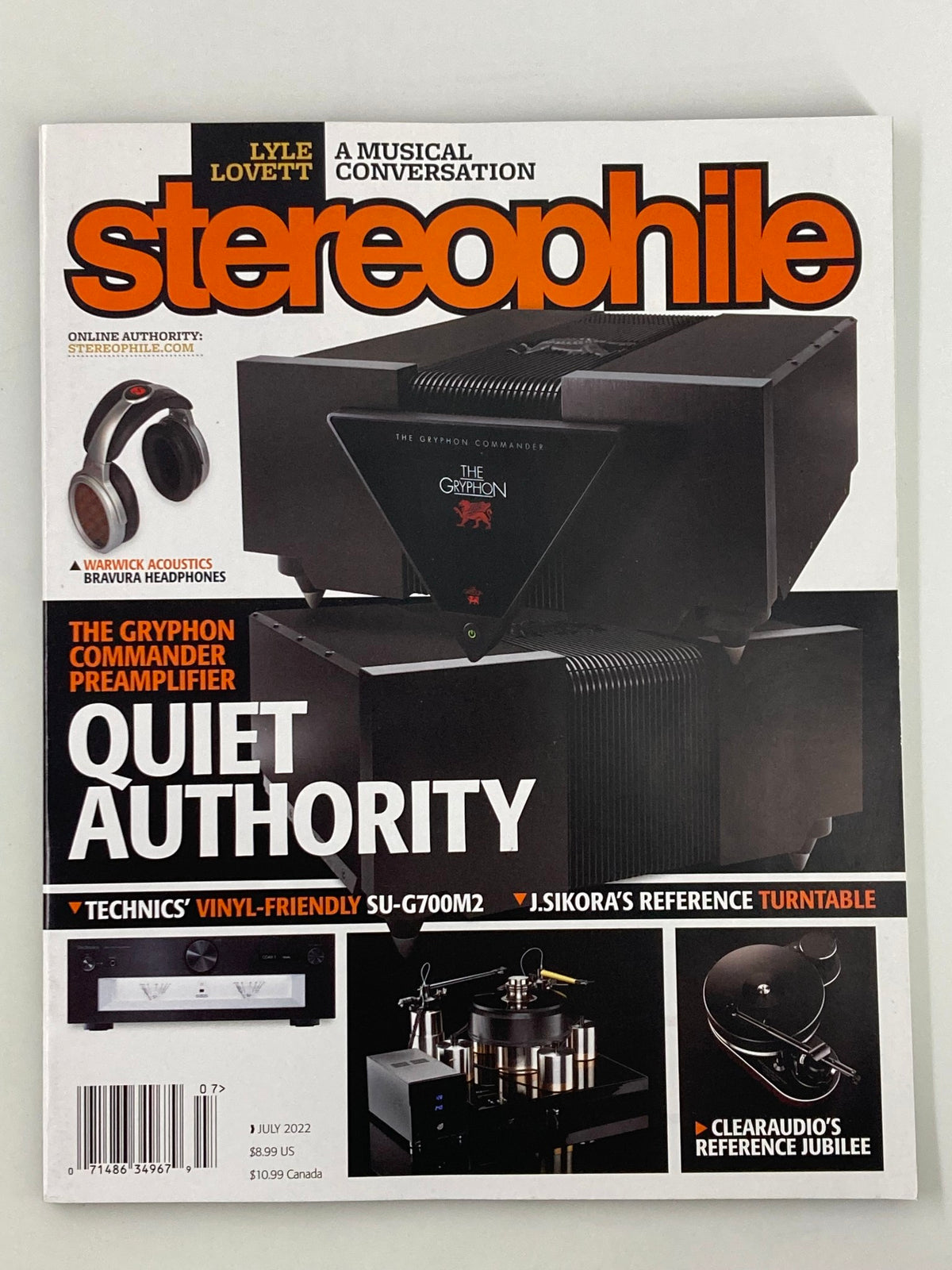 Stereophile Magazine July 2022 issue featuring the Gryphon Commander Preamplifier on the cover, showcasing high-end audio technology.