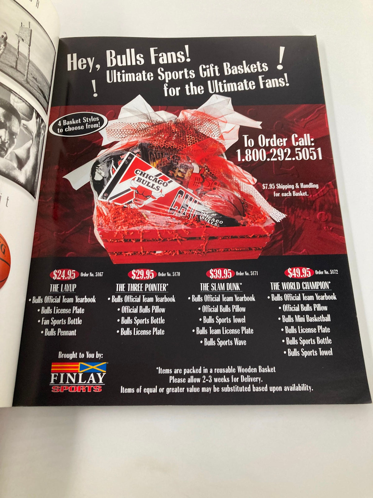 An advertisement for Chicago Bulls sports gift baskets from the NBA Chicago Bulls Official 1997 - 1998 Yearbook, showcasing gift options for fans.