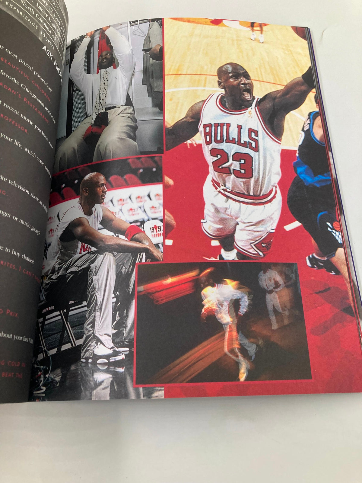 Collage of iconic images featuring Michael Jordan in various poses during the Chicago Bulls' 1997 season, showcased in the NBA Chicago Bulls Official 1997 - 1998 Yearbook.