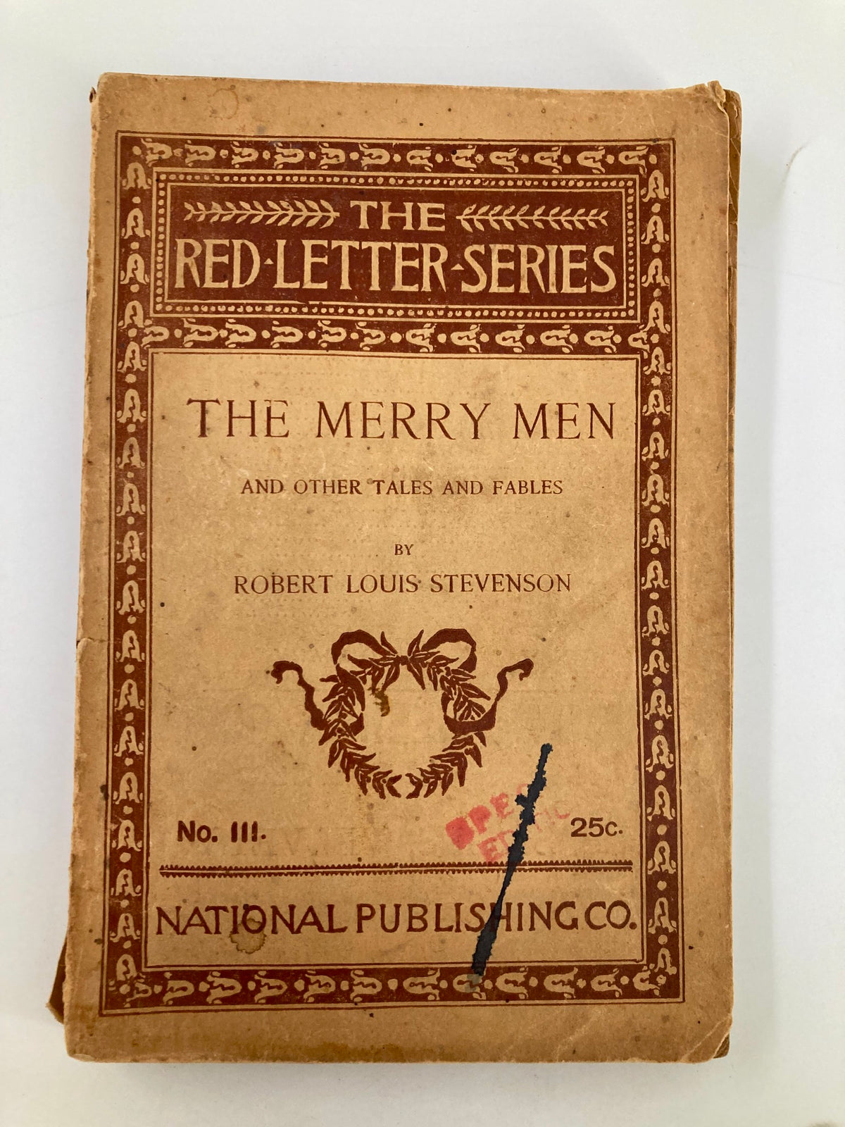 The Red-Letter Series No. III The Merry Men and Other Tales and Fables by Robert Louis Stevenson, showcasing the cover design with decorative elements and aged appearance.