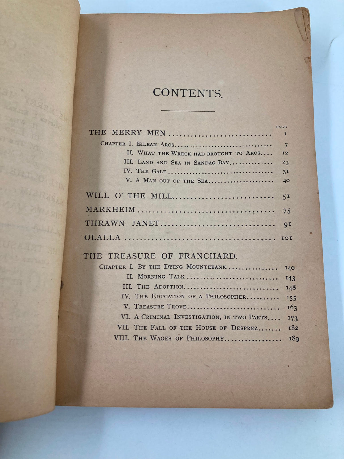 Table of contents page from The Red-Letter Series No. III The Merry Men and Other Tales and Fables, listing chapters including 'Will O' the Mill' and 'The Treasure of Franchard.'