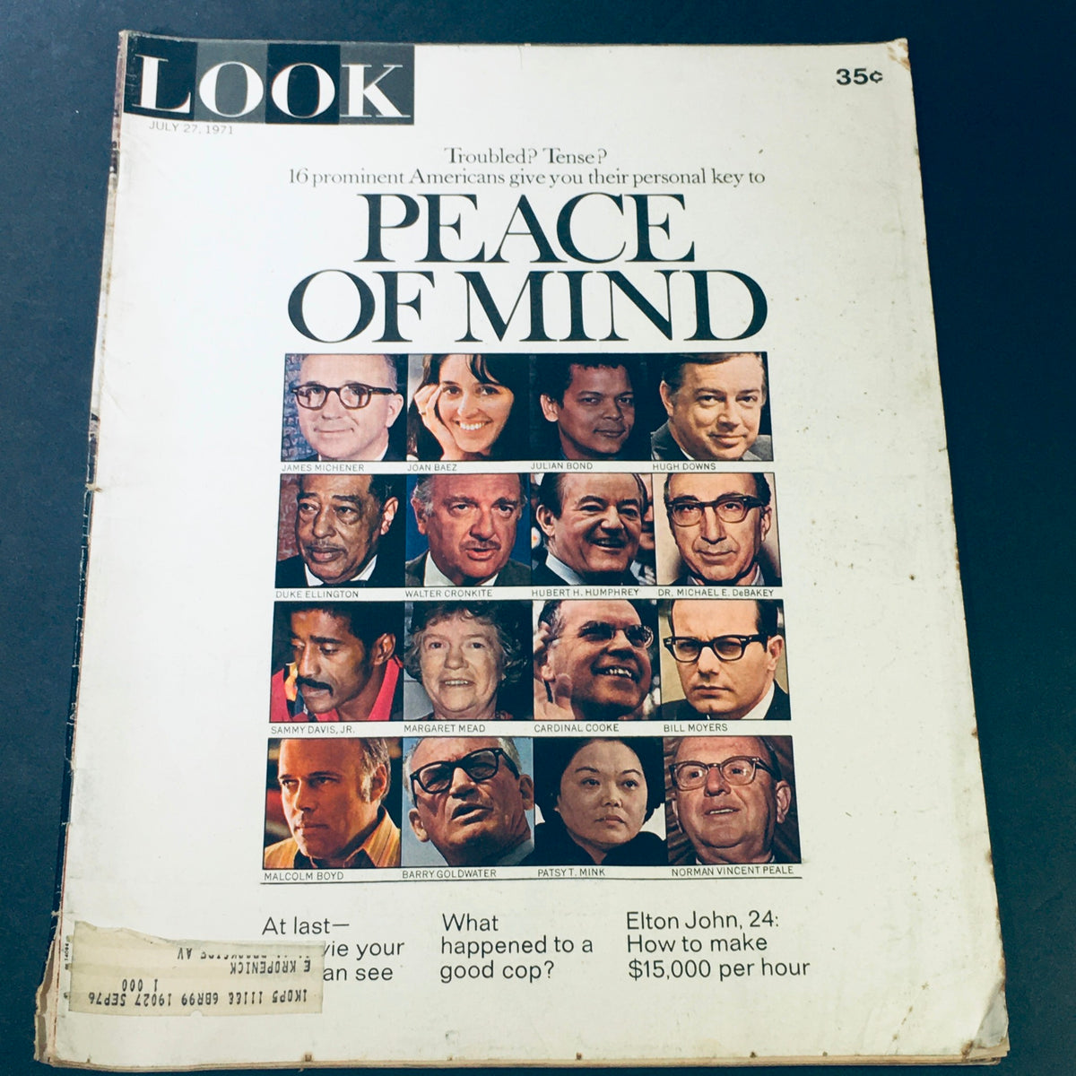 Cover of VTG Look Magazine July 27 1971 featuring Elton John, James Michener, and Barry Goldwater with a collage of famous faces and the headline 'Peace of Mind'.