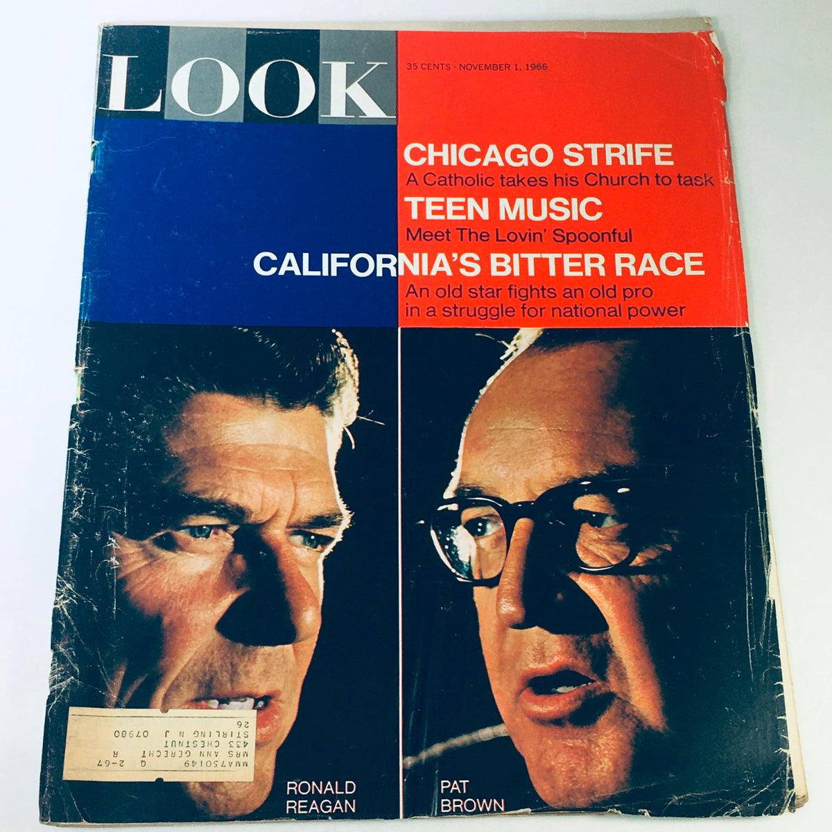 Cover of VTG Look Magazine from November 1, 1966 featuring Ronald Reagan and Pat Brown, discussing Chicago strife and California's bitter race.