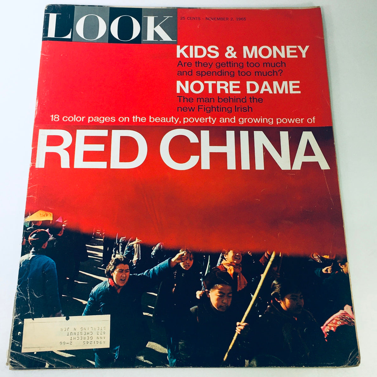 VTG Look Magazine November 2 1965 cover featuring bold headlines on Kids & Money, Notre Dame, and Red China, showcasing a snapshot of 1960s culture.