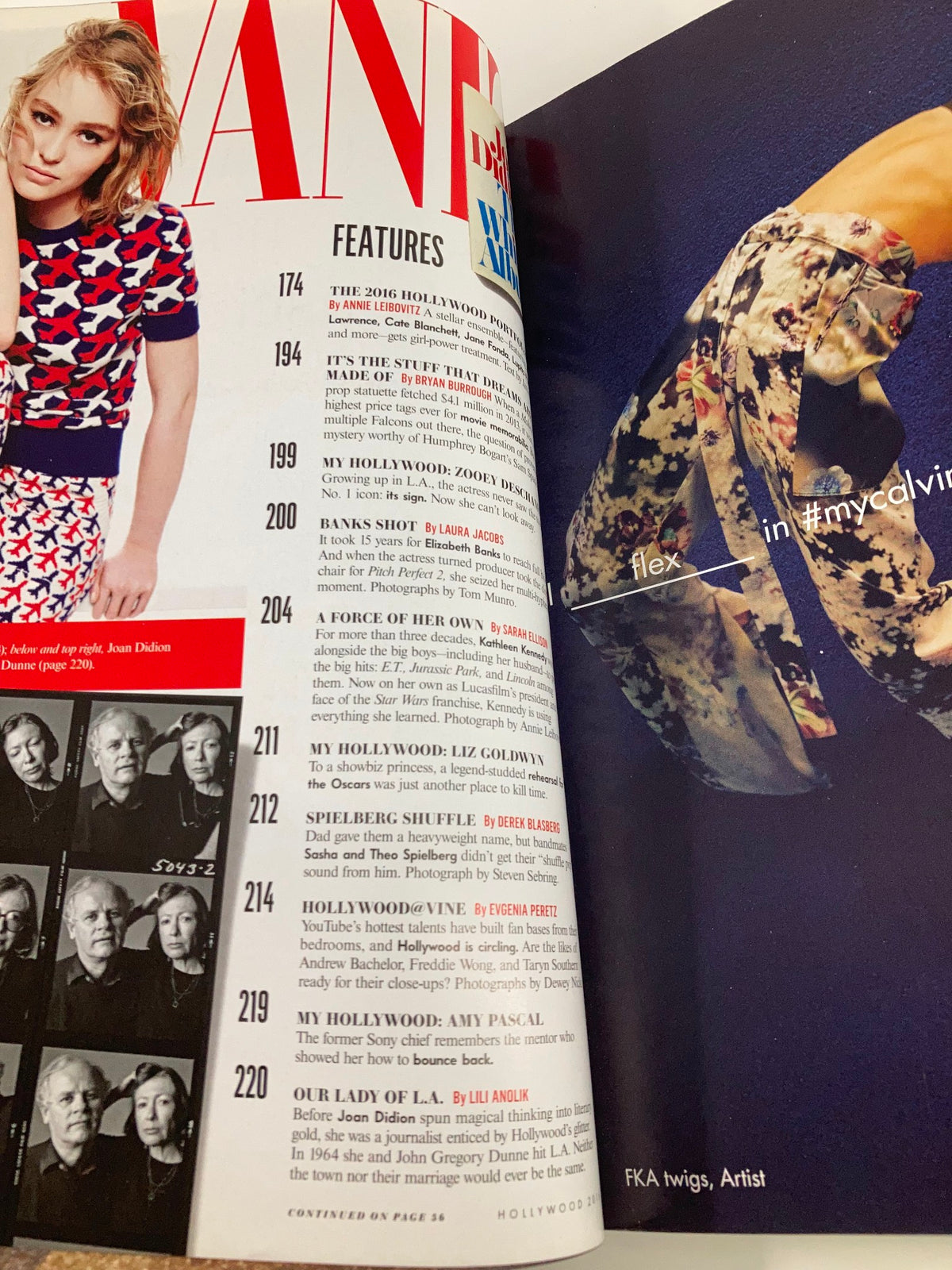 Interior page of the 2016 Vanity Fair Magazine highlighting features, with a striking layout and sections discussing Hollywood, including contributions from notable figures and articles.