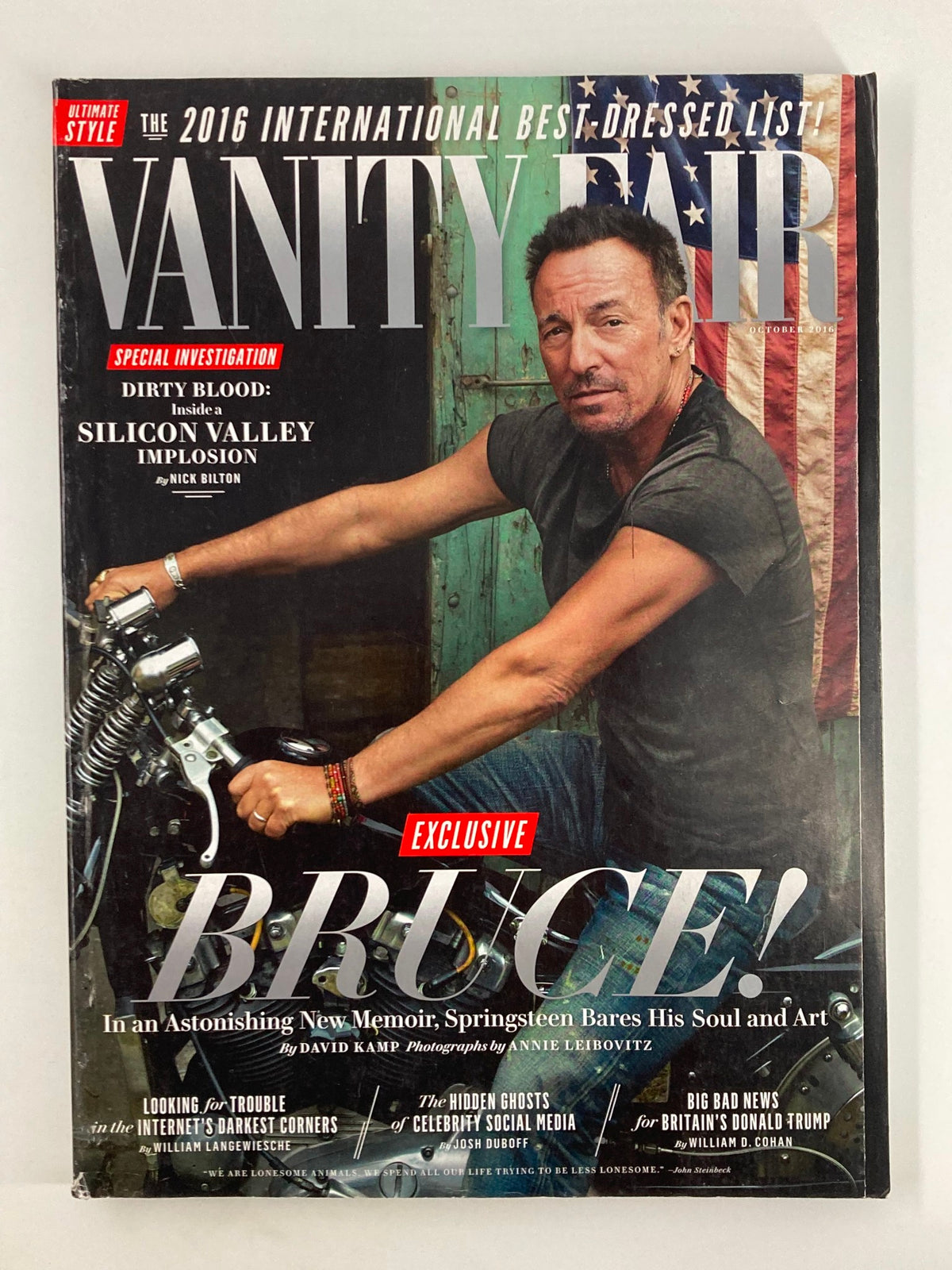 Vanity Fair Magazine October 2016 featuring Bruce Springsteen on the cover, showcasing his exclusive memoir and artistic insights in a striking pose.