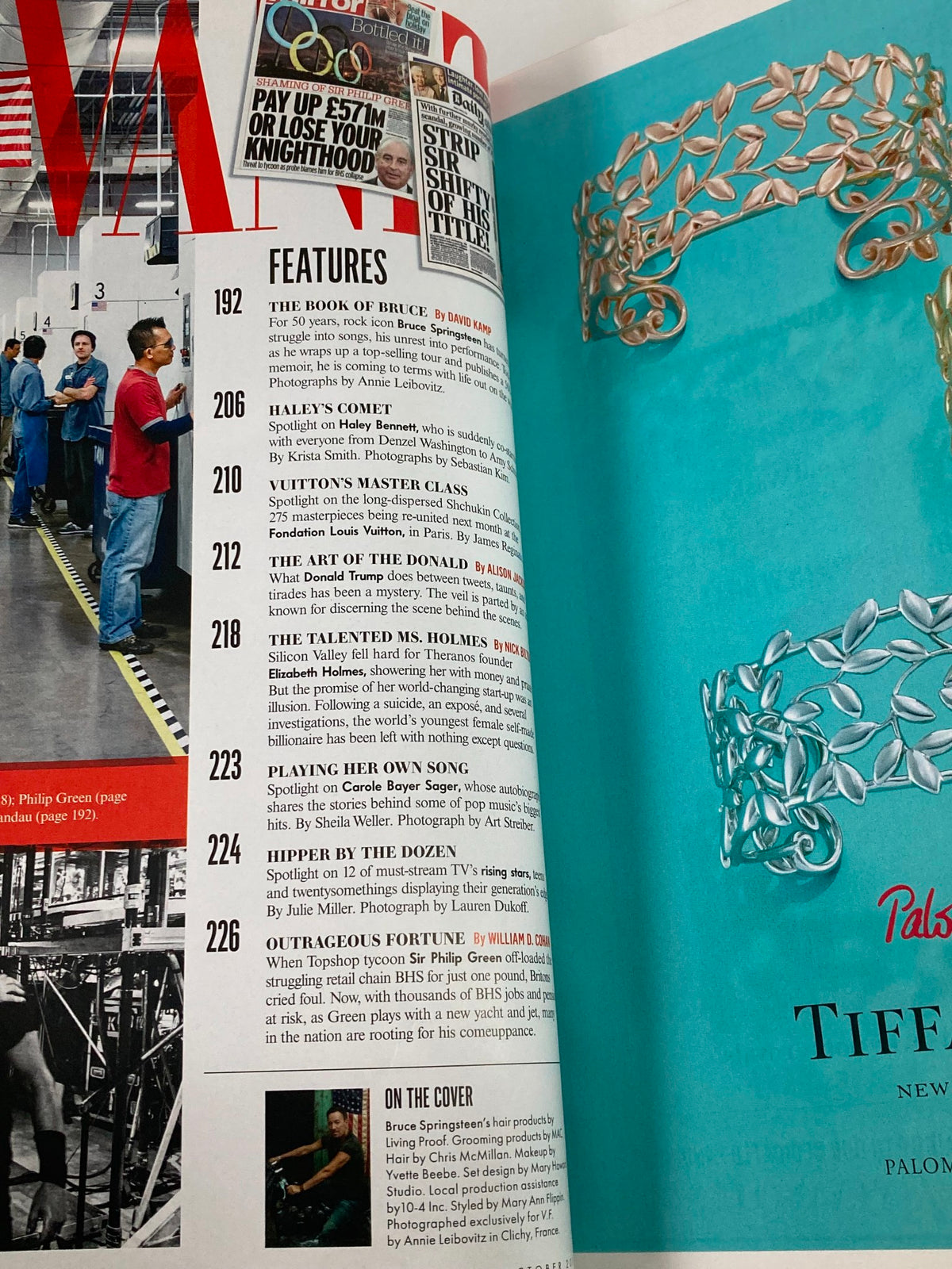 Interior page of Vanity Fair Magazine October 2016, highlighting content sections including features and the Best Dressed List, accompanying Bruce Springsteen's memoir.