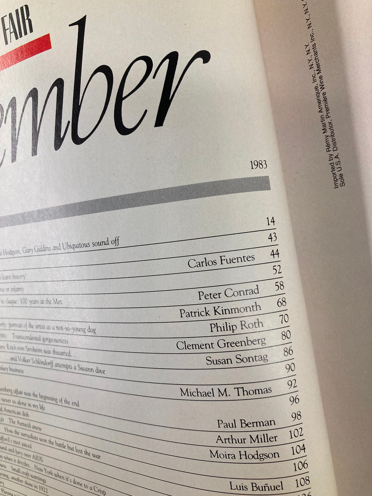 Close-up view of the table of contents from the September 1983 Vanity Fair, showcasing contributions from literary figures like Philip Roth, Carlos Fuentes, and Susan Sontag, reflecting the magazine's cultural significance.