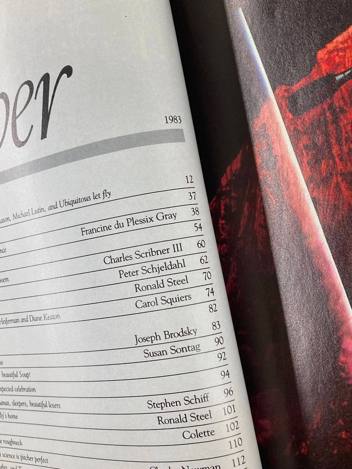 Detailed view of the table of contents from Vintage Vanity Fair Magazine October 1983, showcasing varied articles and their authors.