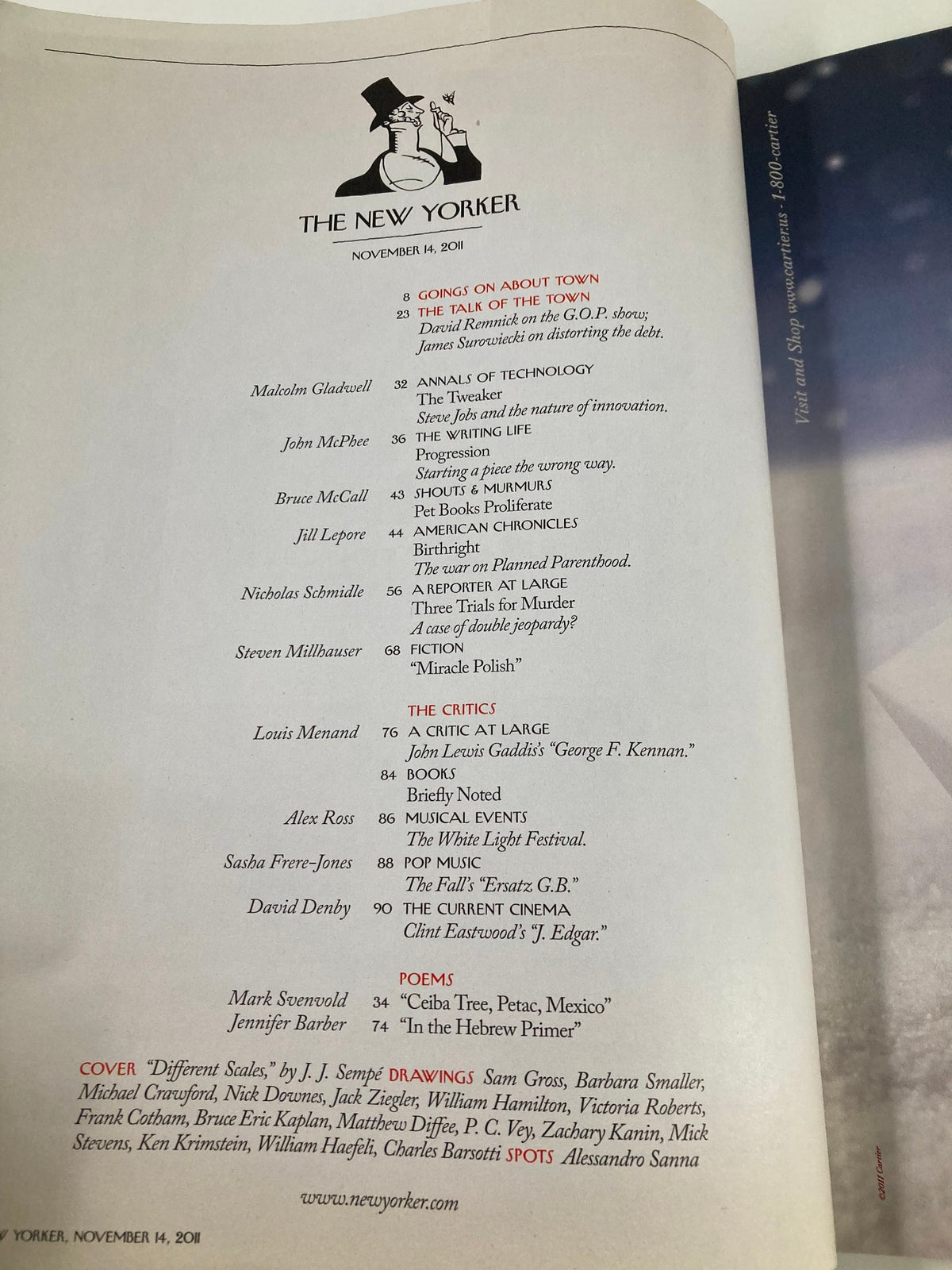 Interior page of The New Yorker Magazine, dated November 14, 2011, displaying the table of contents and notable articles for that issue.