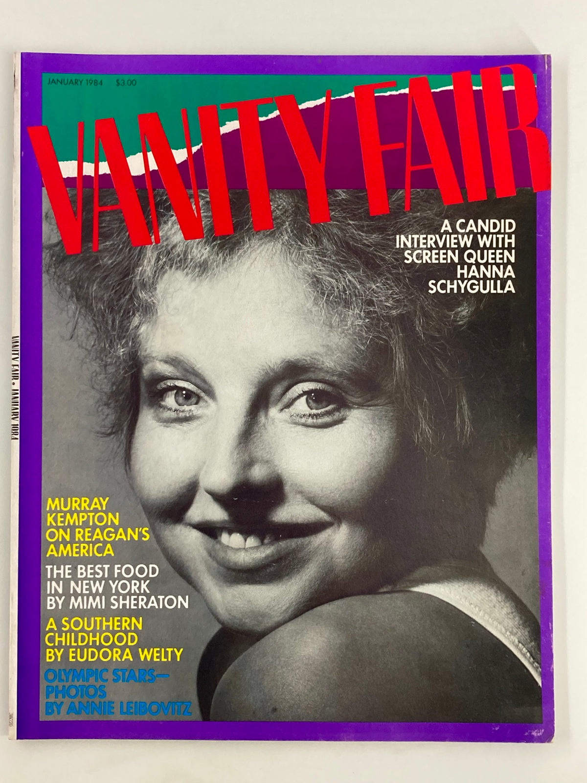 Vintage Vanity Fair magazine cover from January 1984 featuring a portrait of Screen Queen Hanna Schygulla, highlighting a candid interview, with additional articles noted on food and cultural insights.