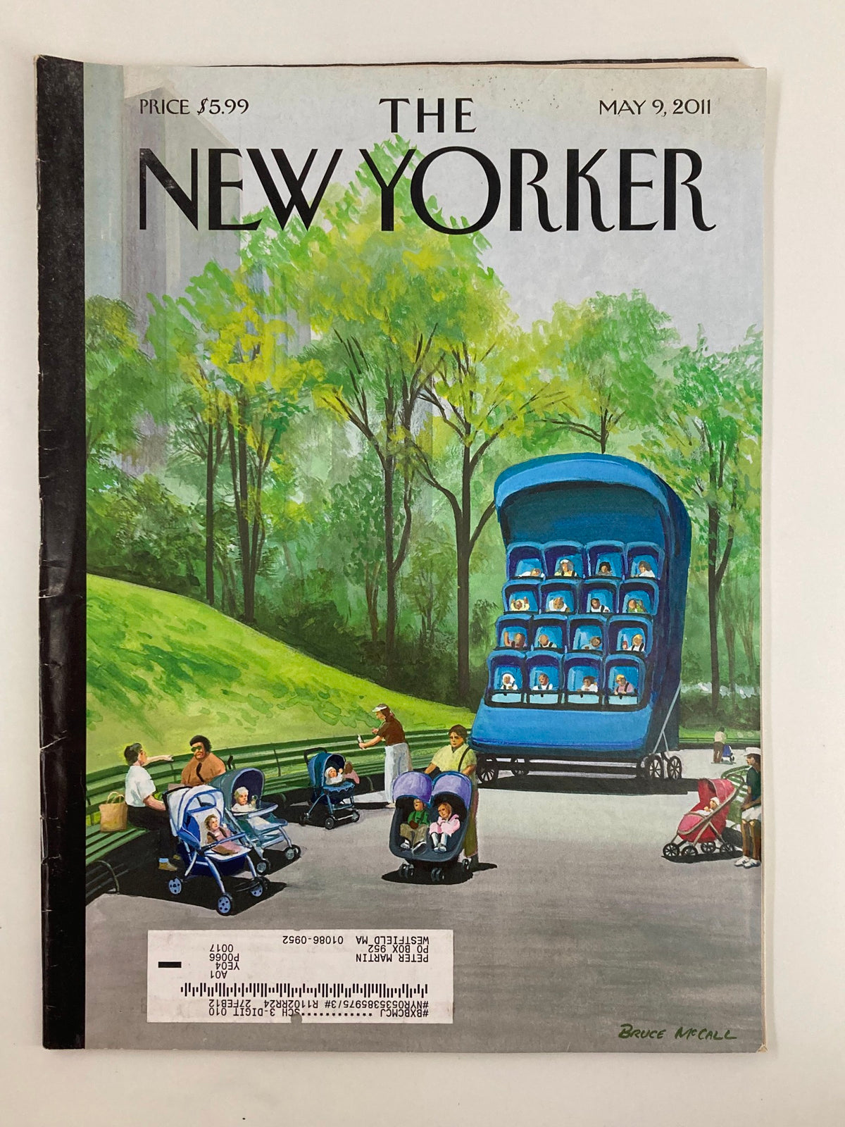 Cover of The New Yorker Magazine dated May 9, 2011, featuring the artwork 'Super Mother's Day' by Bruce McCall, showcasing an illustration of mothers and children in a park setting.