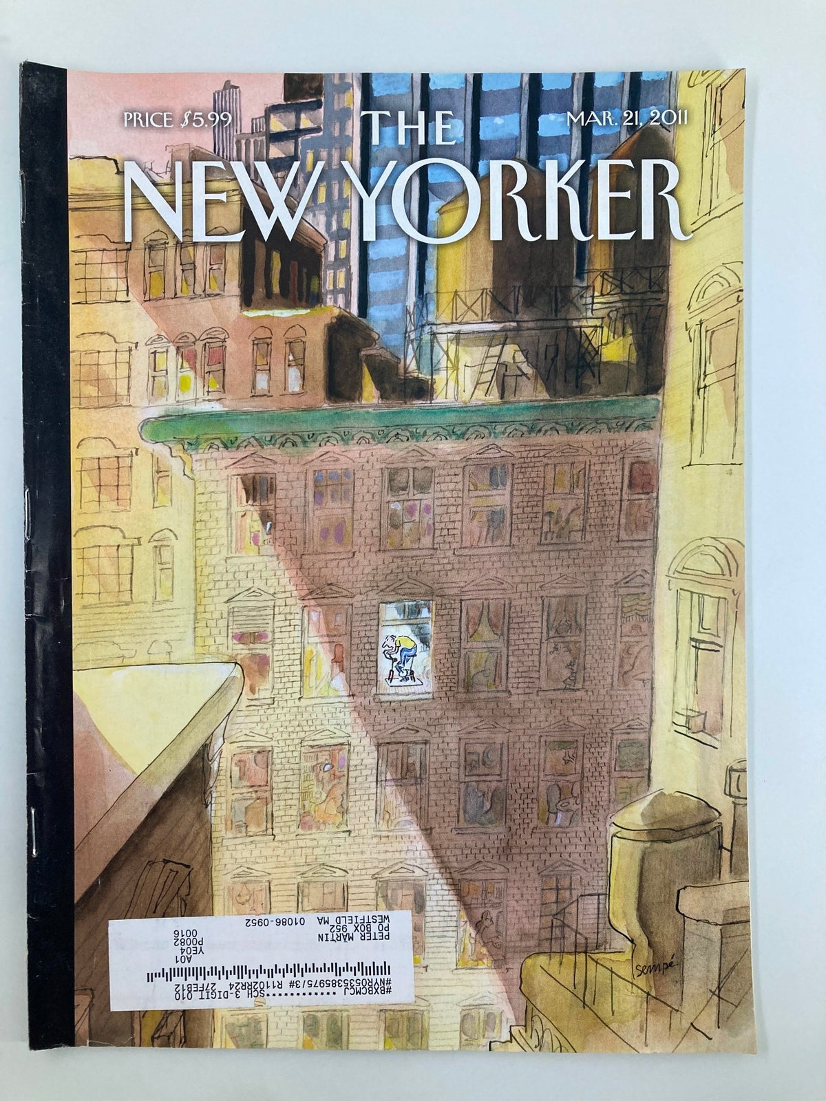 Cover of The New Yorker Magazine March 21 2011 featuring the illustration 'On His Way' by Jean-Jacques Sempe, showcasing urban architecture and a whimsical depiction of New York life.
