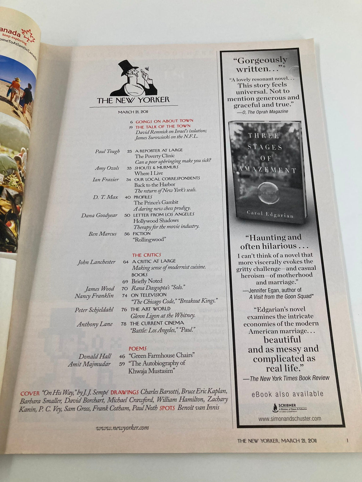 Interior page of The New Yorker Magazine March 21 2011, listing articles and contributions from notable writers, including a review of 'Three Stages of Womanhood'.
