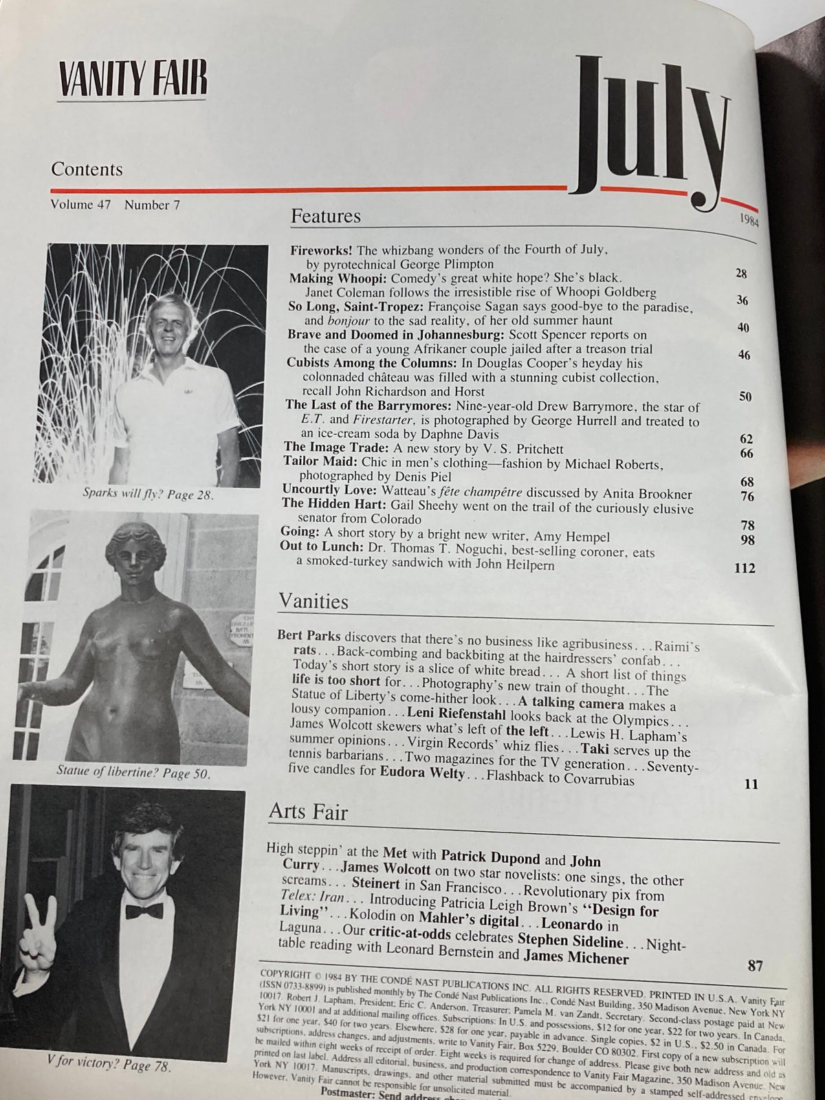 Contents page of Vanity Fair magazine from July 1984, featuring articles including "Rocket to Me" by George Plimpton, alongside various other feature headings and listings.