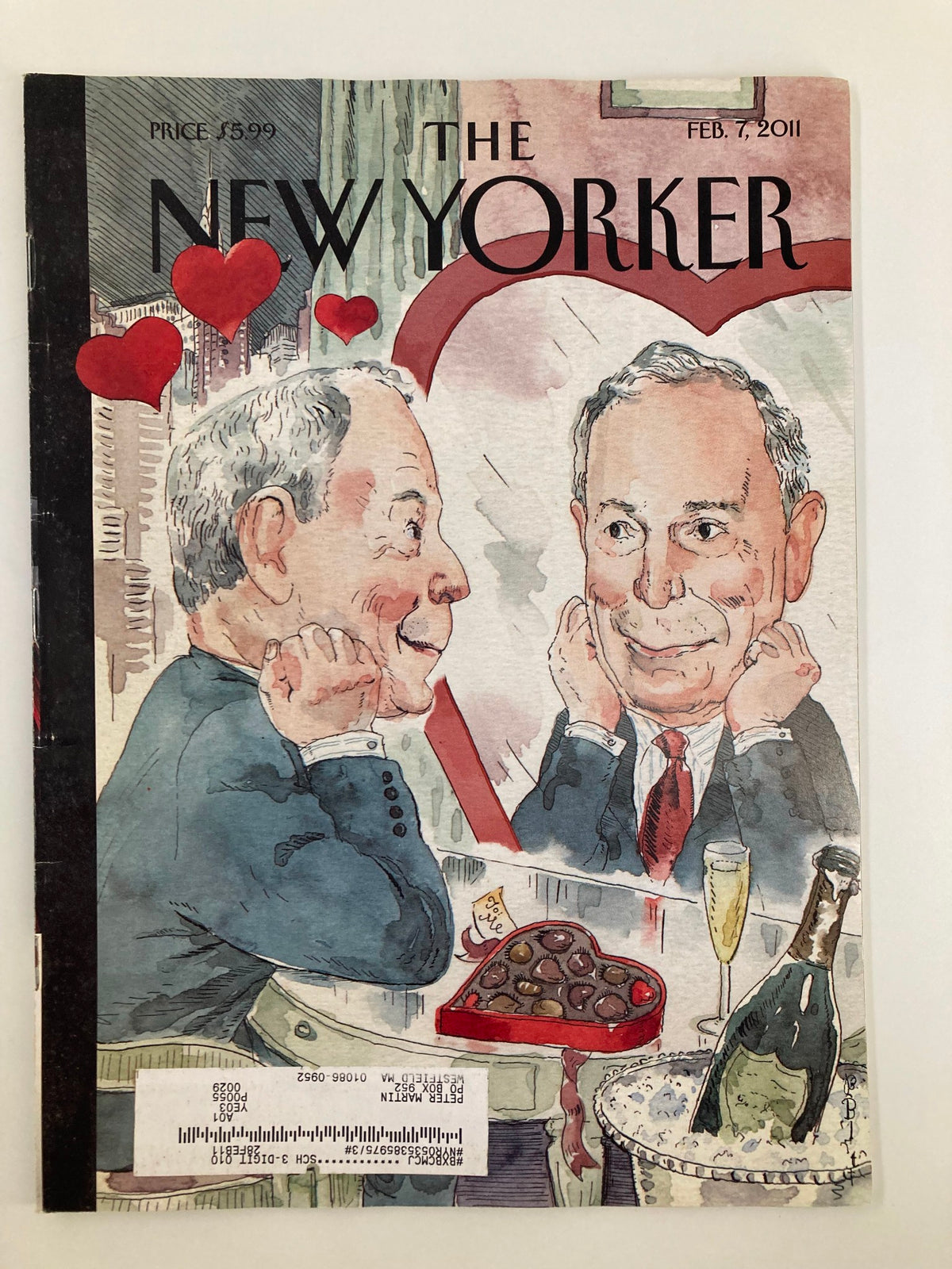 The New Yorker Magazine February 7 2011 cover featuring the artwork 'Bloom in Love' by Barry Blitt, showcasing two caricatures in a romantic setting with hearts and a table of chocolates.