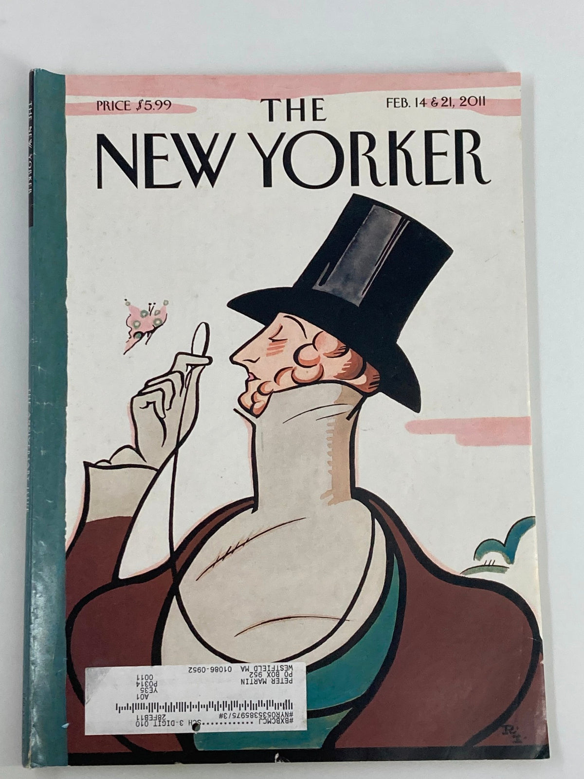 Cover of The New Yorker Magazine February 14 & 21, 2011 featuring Eustace Tilley illustration by Rea Irvin, showcasing a man in a top hat with a monocle.