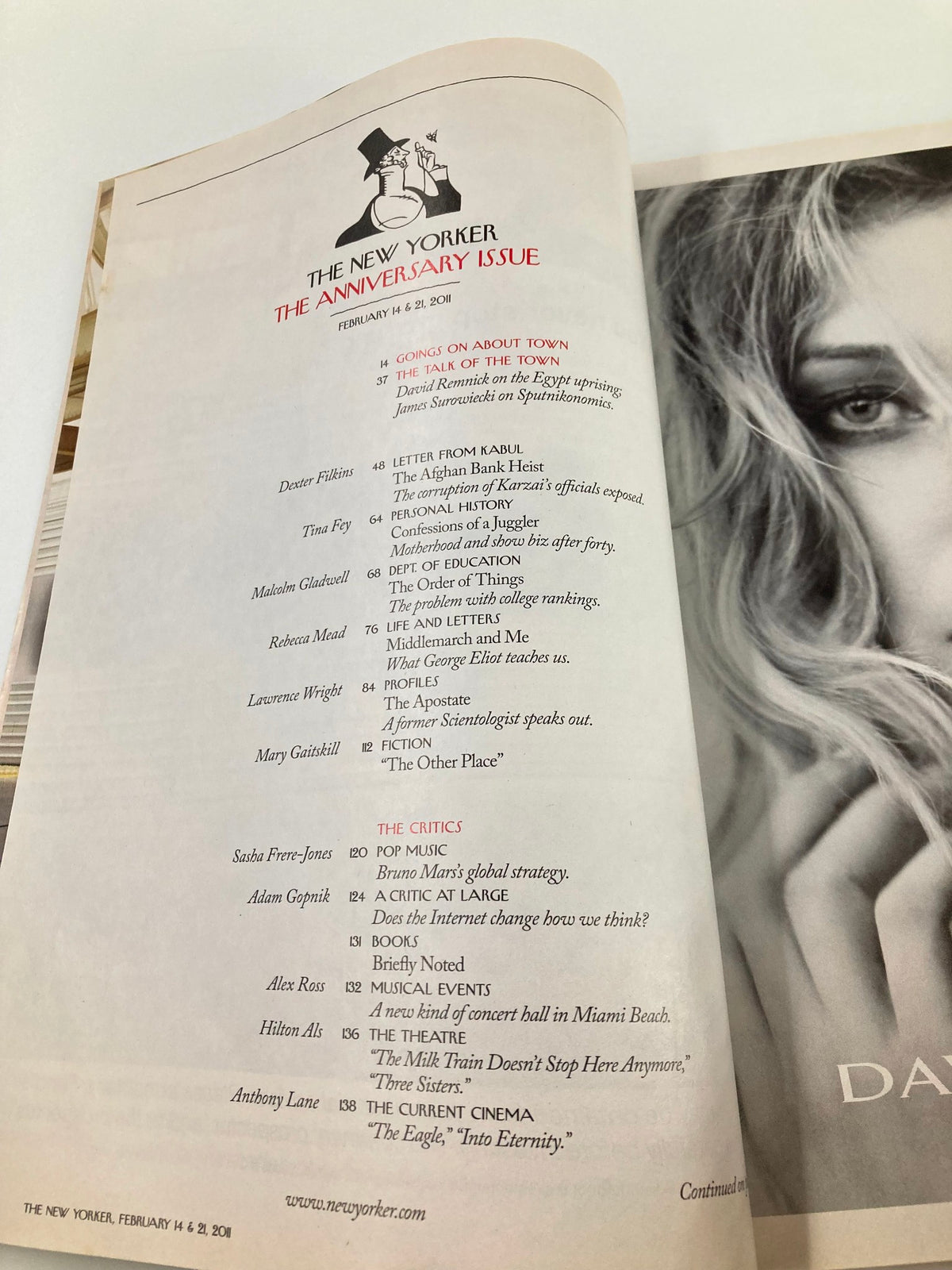 Table of contents page from The New Yorker Magazine February 14 & 21, 2011 highlighting various articles and contributors for the anniversary issue.