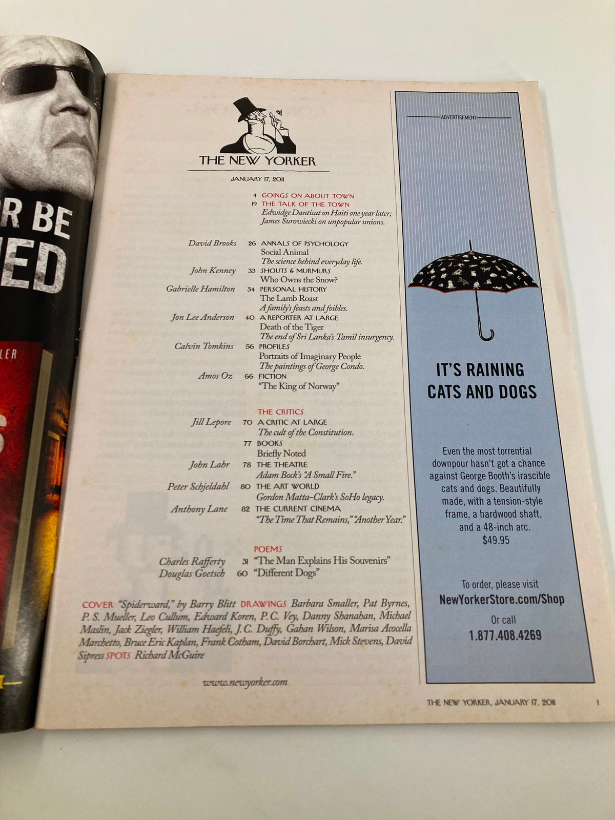 The New Yorker Magazine January 17 2011 interior page listing articles and features, including a notable mention of Barry Blitt's cover art for the "Spiderward" theme.