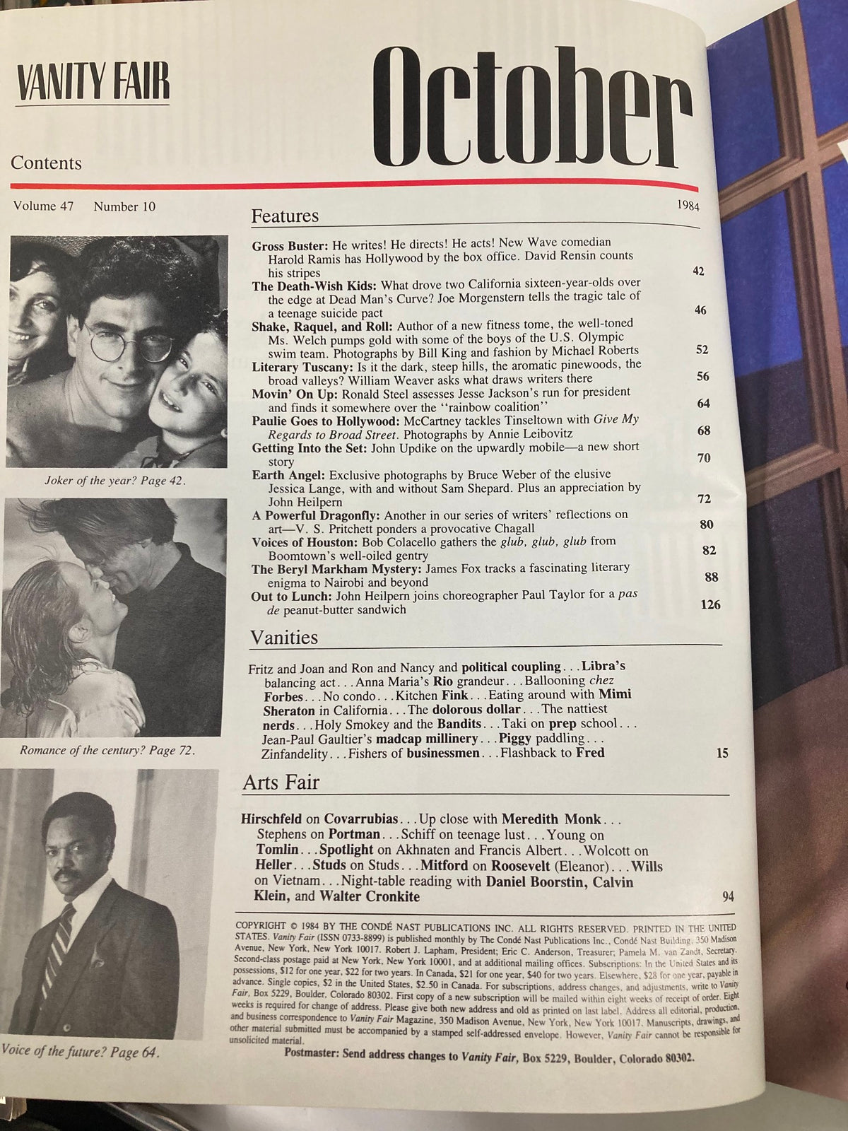 Contents page of VTG Vanity Fair Magazine October 1984, outlining featured articles and topics, reflecting the cultural and social aspects of the era.